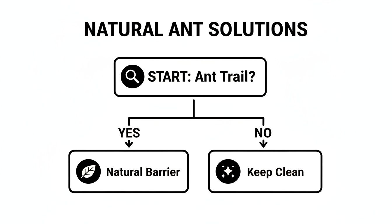 Flowchart on natural ant solutions: 'Ant Trail?' leads to 'Natural Barrier' or 'Keep Clean'.