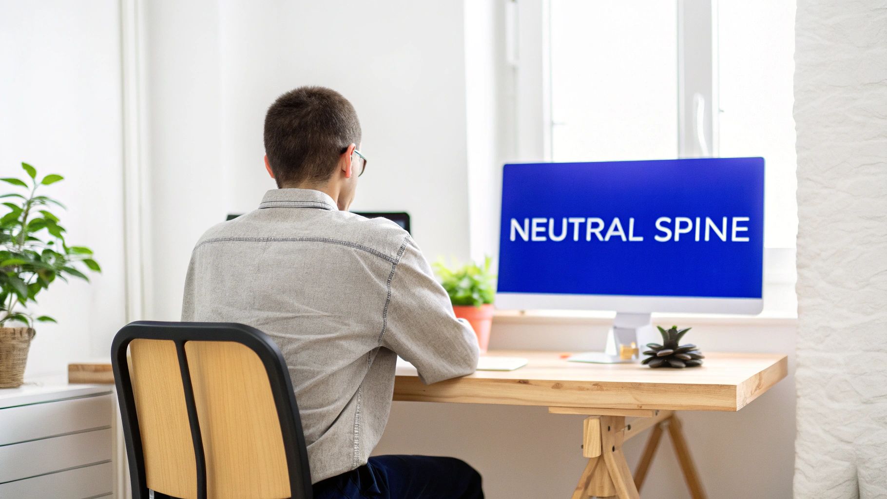 Person sitting at a desk, looking at a computer screen displaying 'NEUTRAL SPINE'.