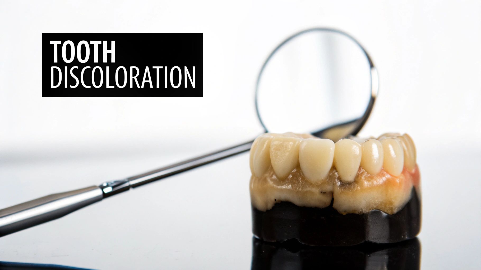 A dental model of teeth and gums with a dental mirror, highlighting 'TOOTH DISCOLORATION' text.