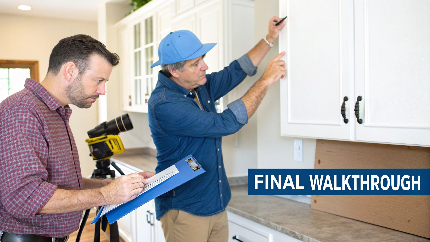 Two men conducting a final walkthrough inspection of kitchen cabinets, one writing notes, the other pointing.