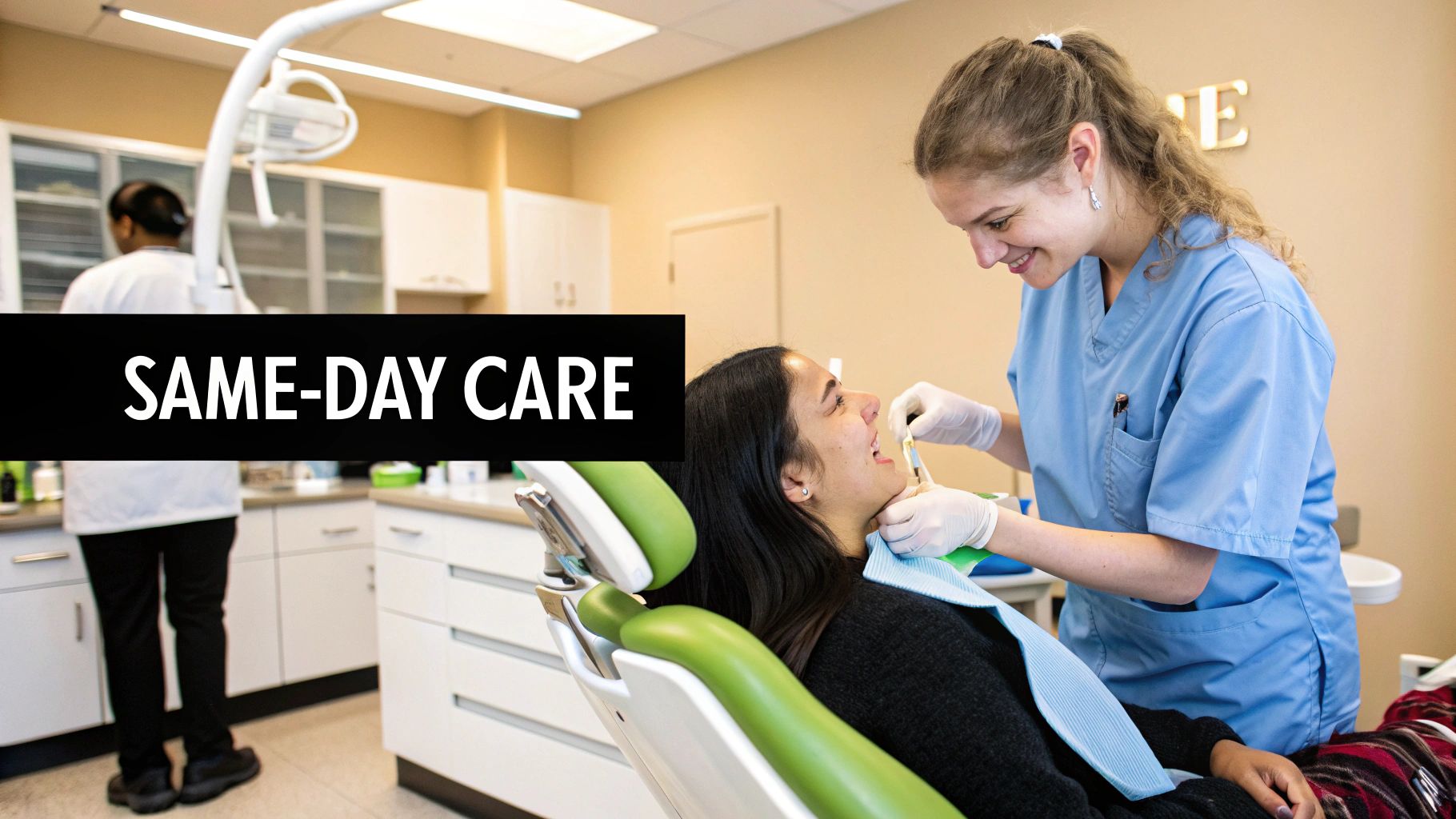 A smiling dental professional provides same-day care to a happy patient in a bright clinic.