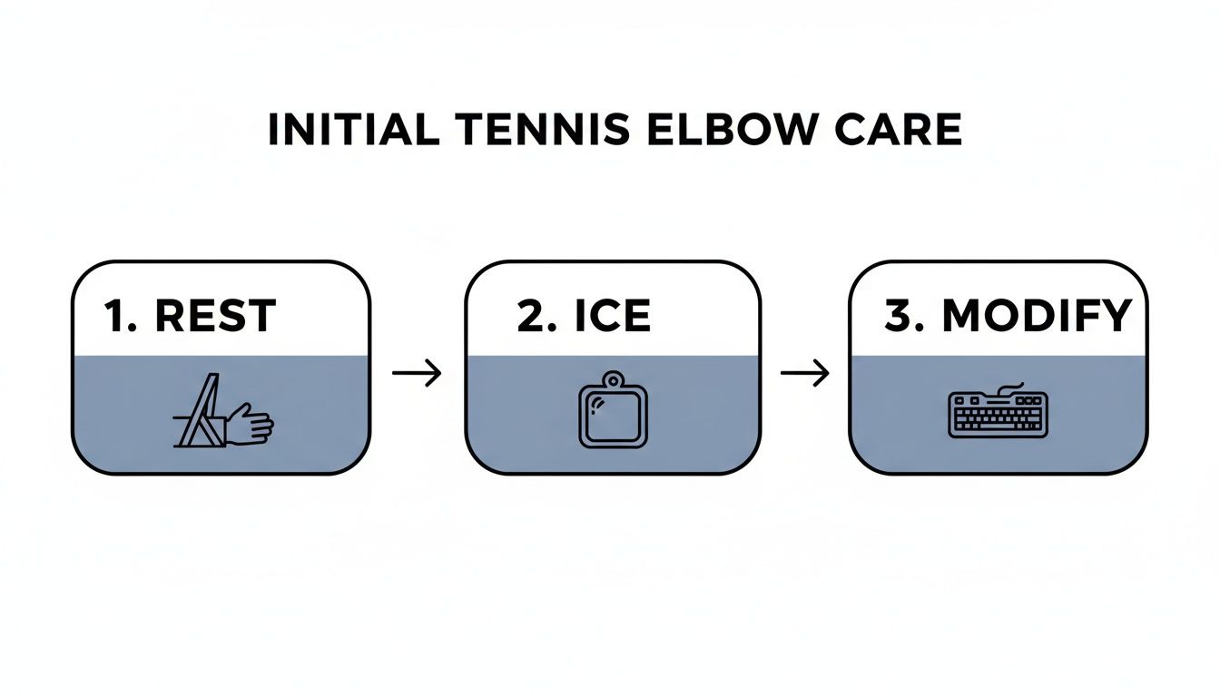 Hershey Family Chiropractic | Tennis Elbow Chiropractor in Hershey, PA: Natural Pain Relief A three-step diagram outlining initial care for tennis elbow: Rest, Ice, and Modify activities.