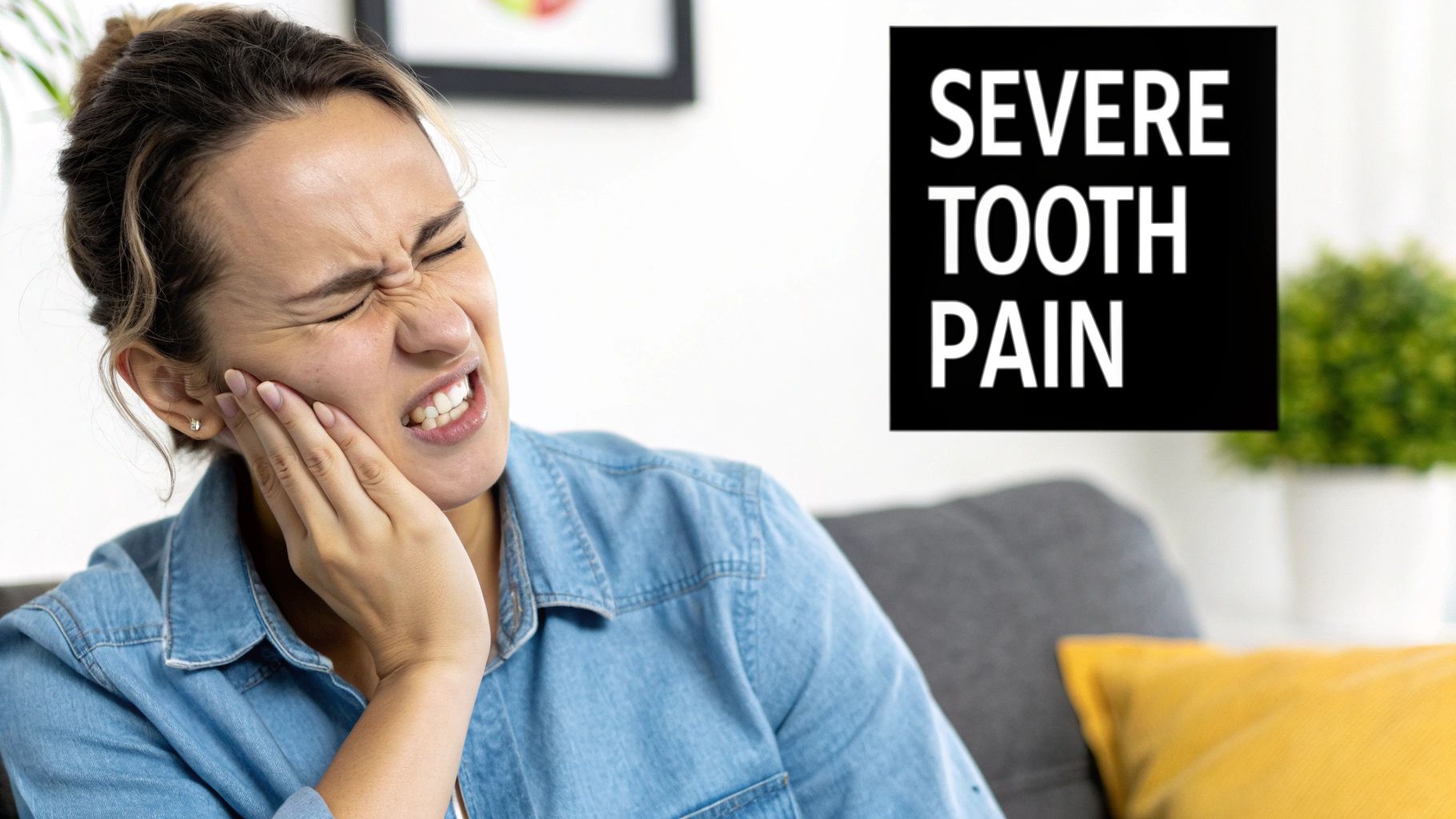 A woman grimacing in severe tooth pain, holding her cheek, with text 'SEVERE TOOTH PAIN'.