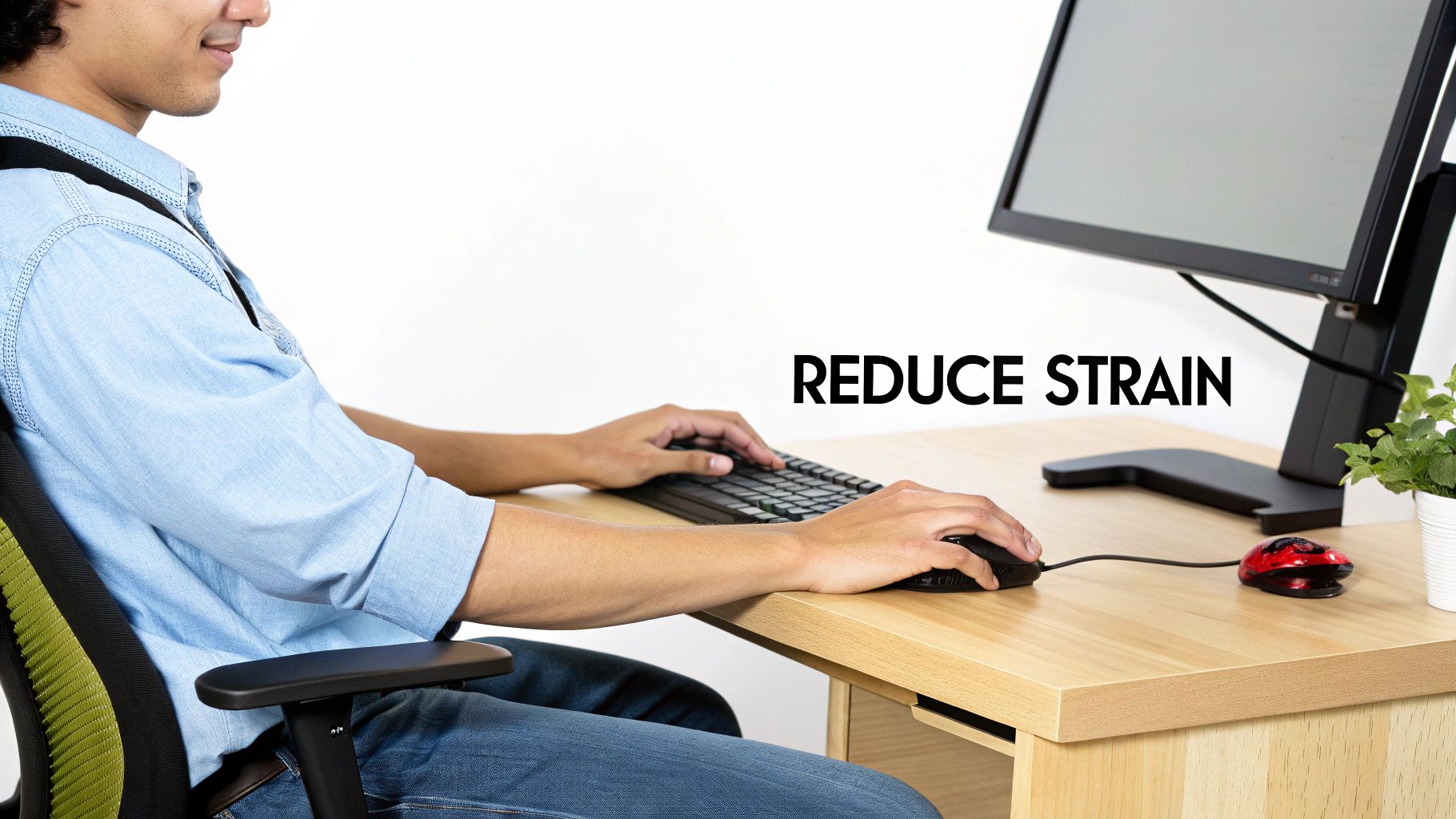 Hershey Family Chiropractic | Tennis Elbow Chiropractor in Hershey, PA: Natural Pain Relief A man practices good posture while typing on a keyboard and using a mouse at a desk.
