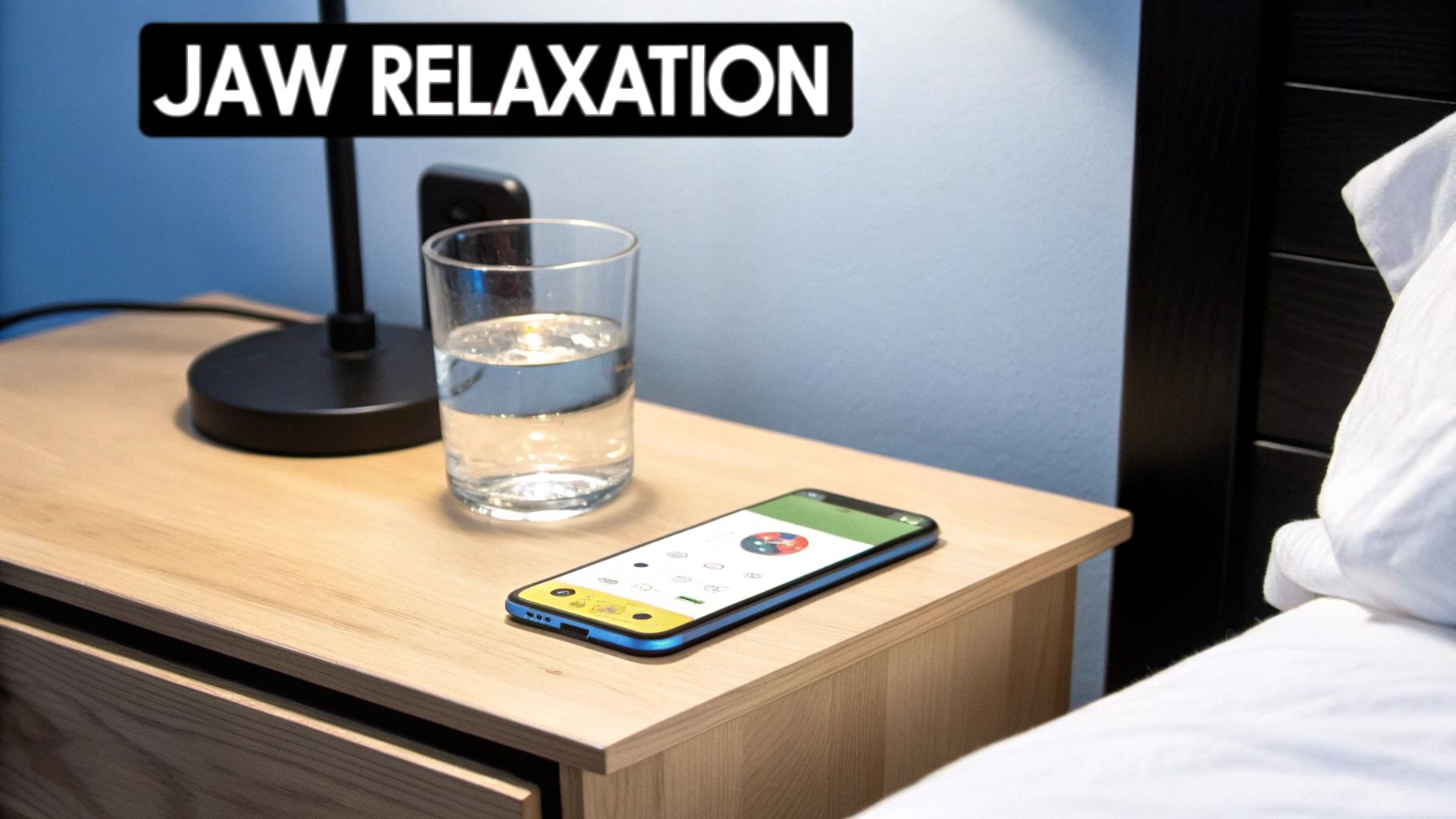 A bedside table with a glass of water, a smartphone showing a relaxation app, and a lamp, with 'JAW RELAXATION' text.