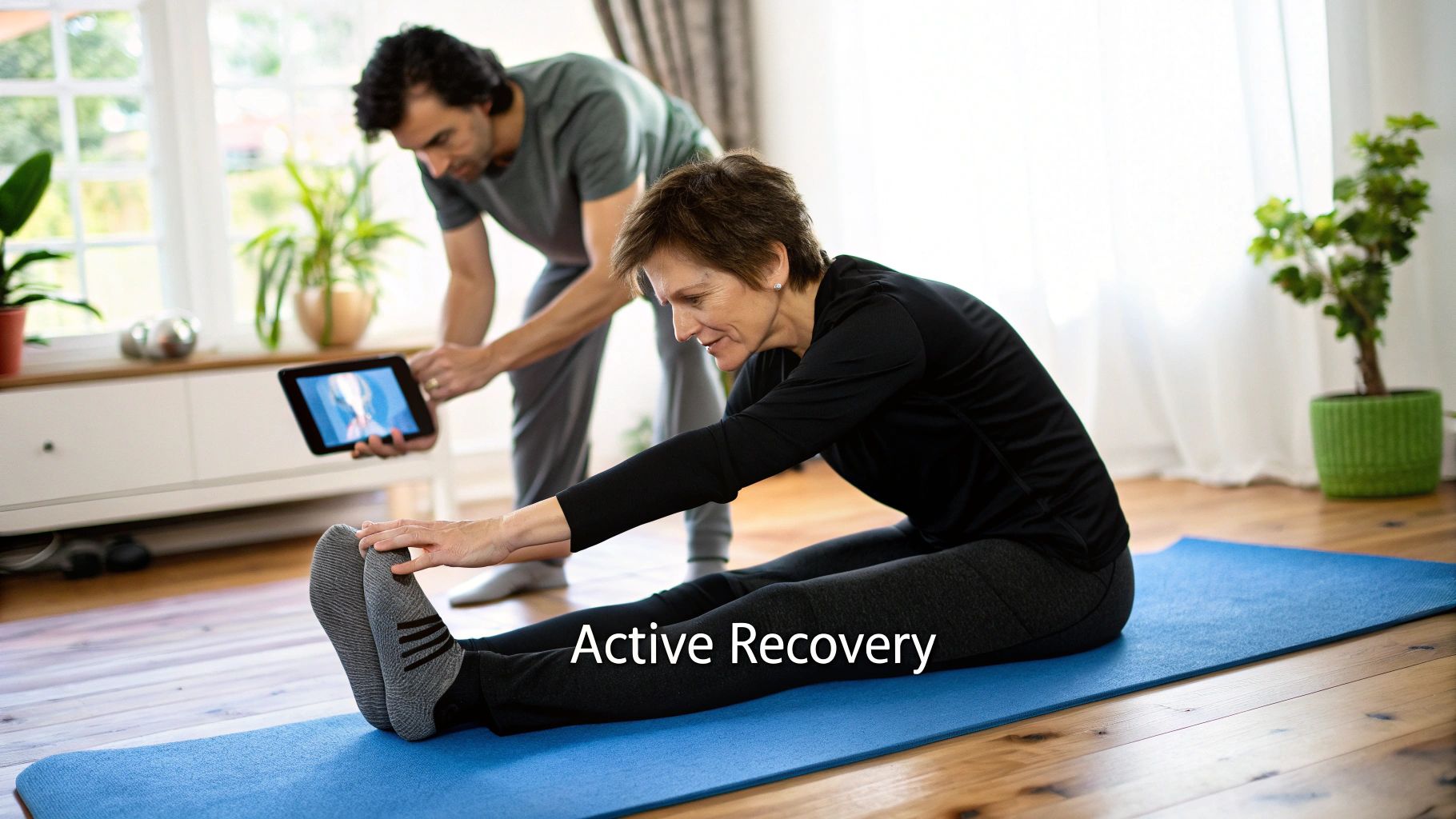 Two people performing active recovery stretches at home with a tablet for guidance.