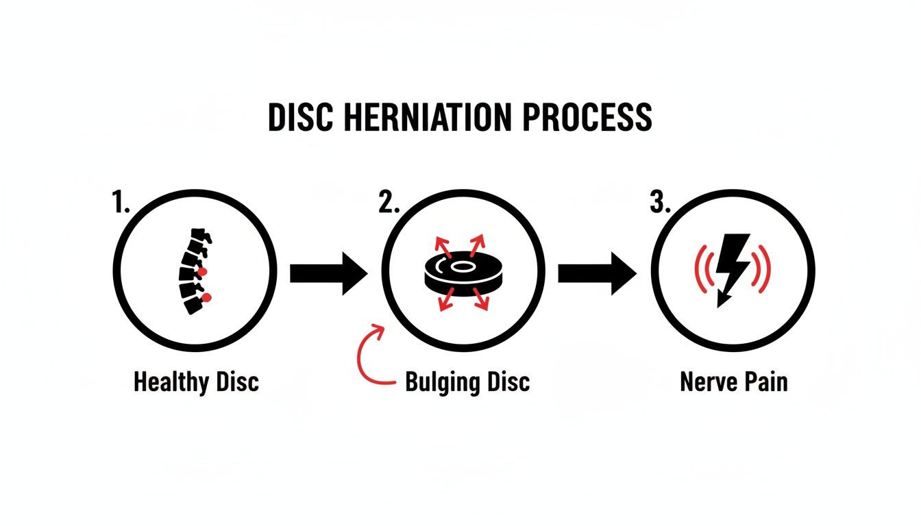 Diagram illustrating the disc herniation process from a healthy disc to a bulging disc causing nerve pain.
