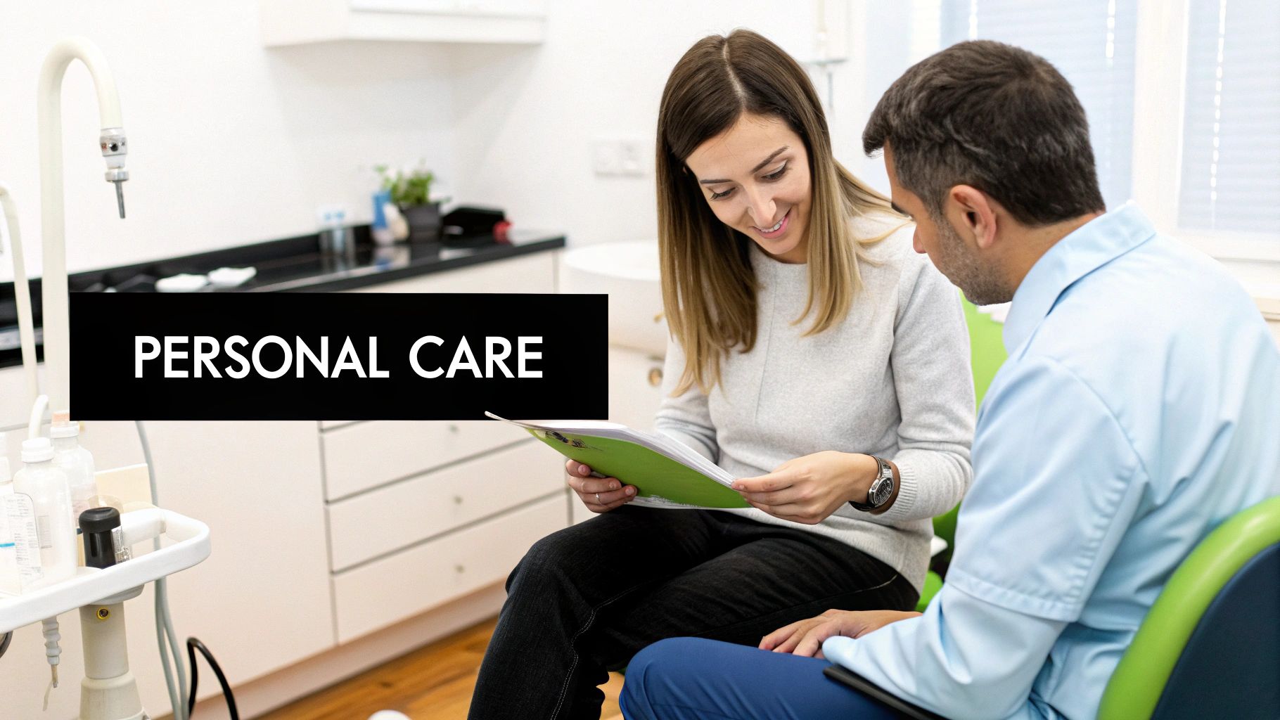 Seven Oaks - Dentistry & Sleep Medicine | Finding a Private Practice Dental Office Near Me in Wesley Chapel A smiling woman reviews a green folder with a dental professional in a private practice office.