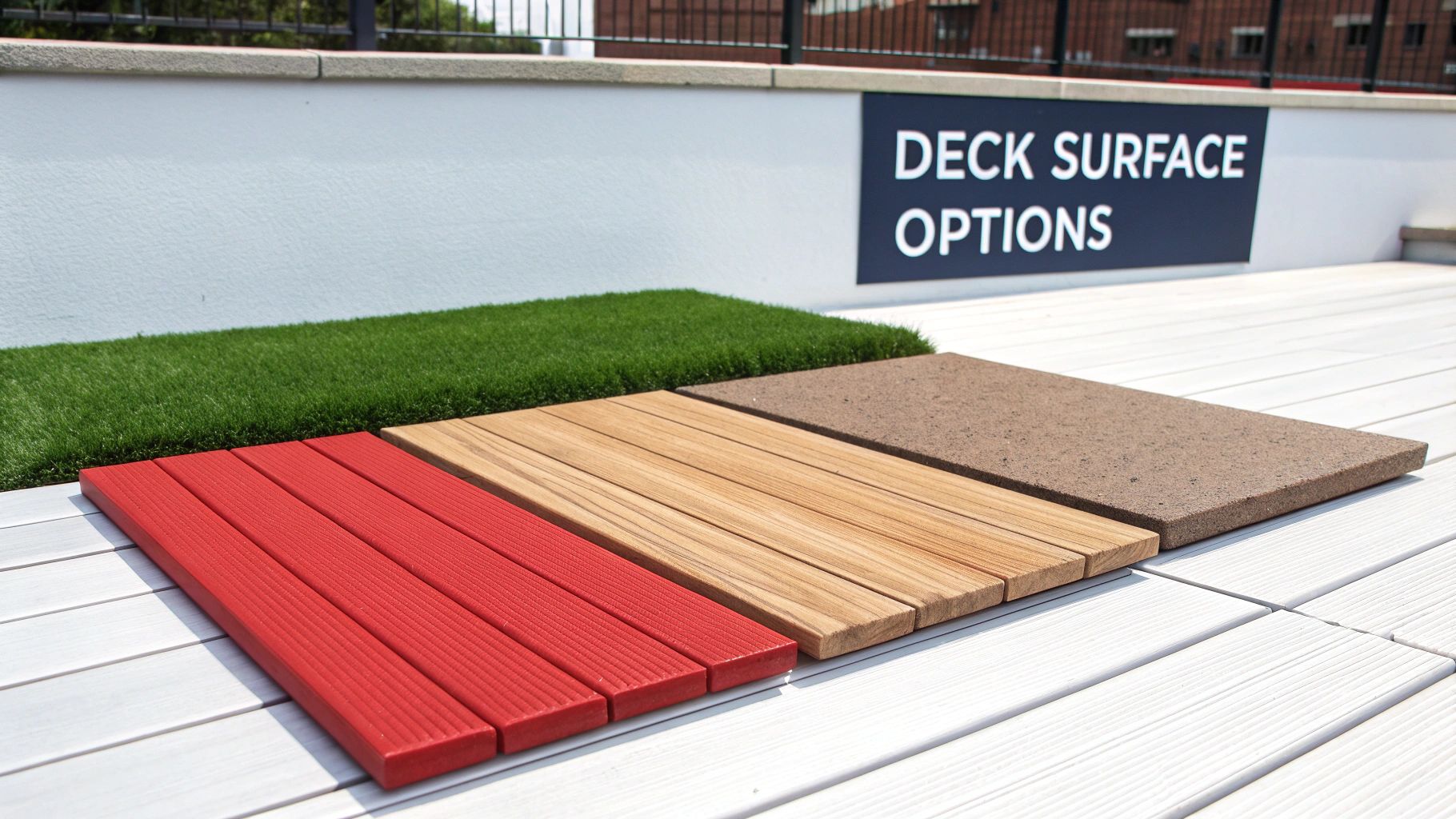 Various samples of deck surface options including red ribbed, natural wood, brown speckled, and green artificial grass.