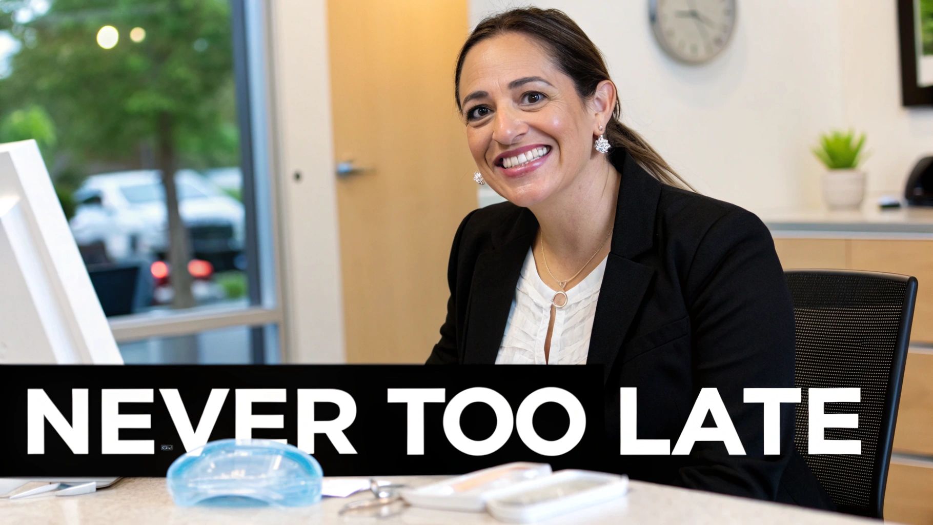 A happy, professional woman in a blazer smiles at her desk, with "NEVER TOO LATE" overlay.