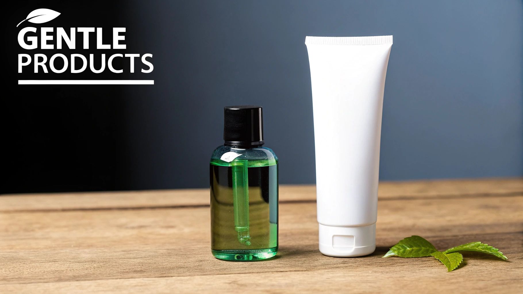 Two gentle skincare products, a green dropper bottle and a white tube, on a wooden table.