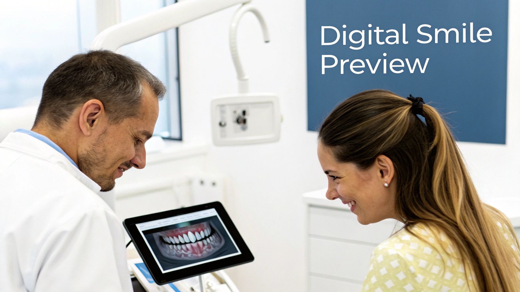 Dentist and patient review a digital smile preview on a tablet for cosmetic dentistry.