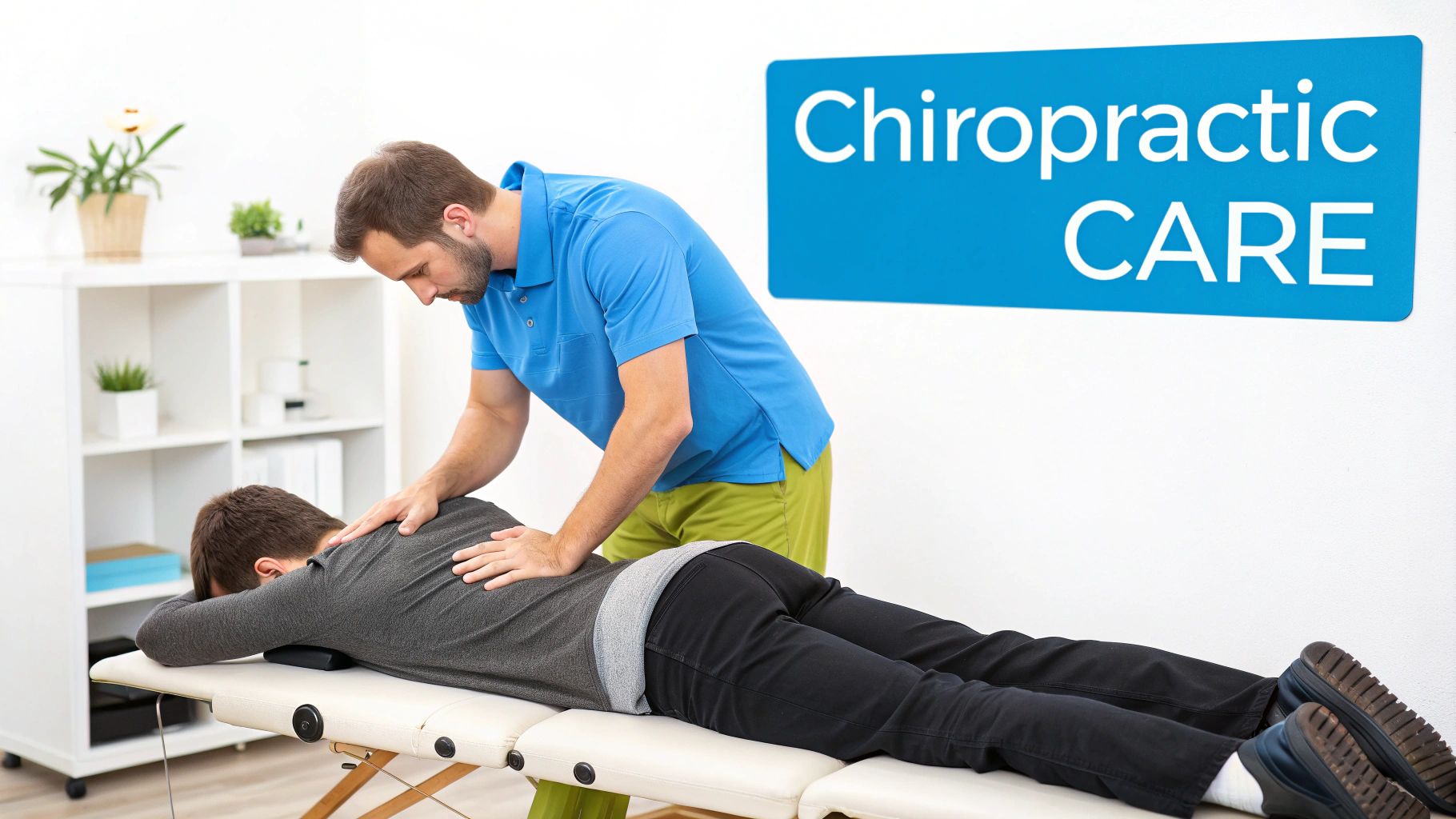 A male chiropractor performs a back adjustment on a male patient lying face down on a treatment table, with a 'Chiropractic CARE' sign in the background.