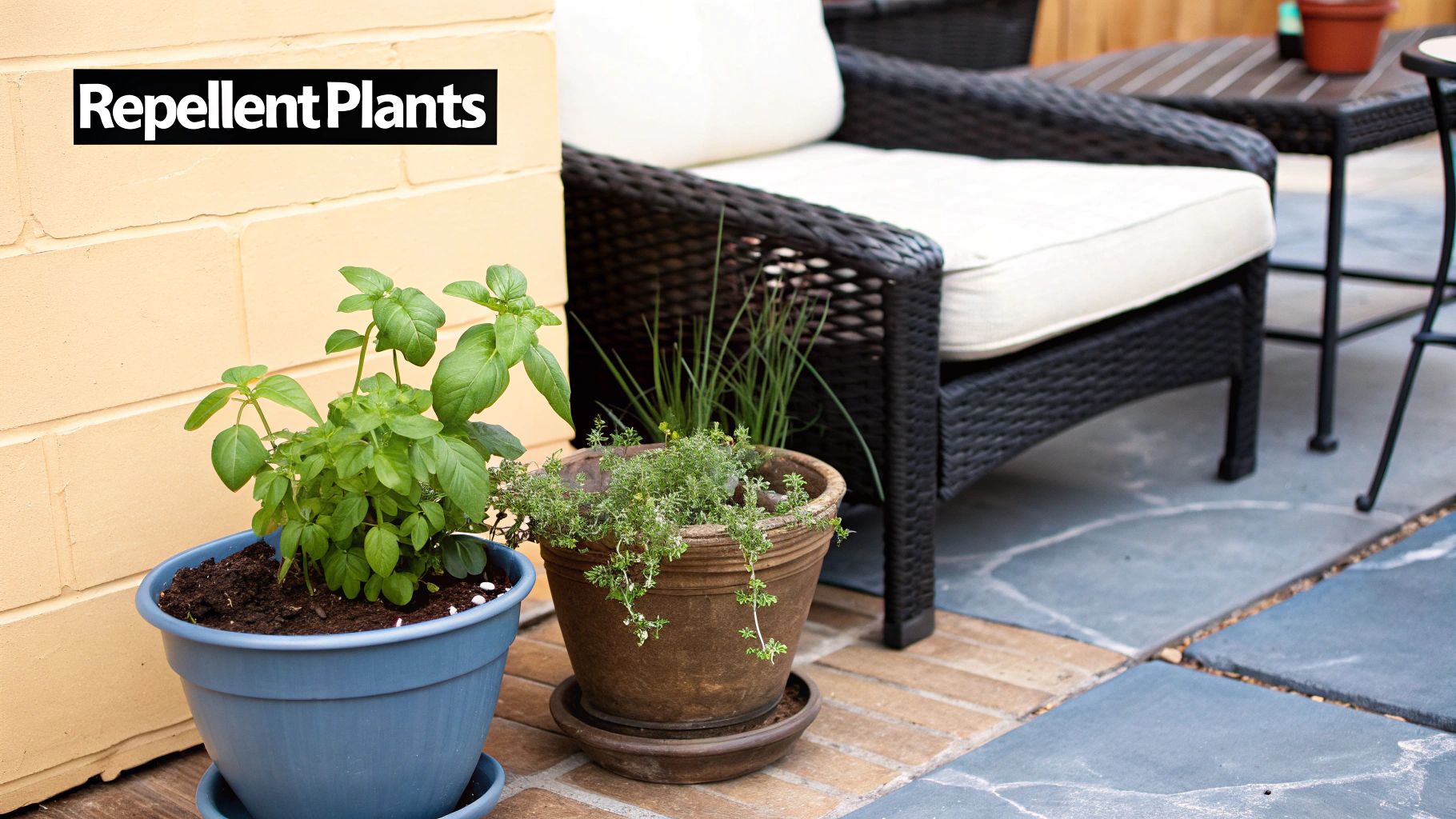 Potted basil and thyme plants on a patio, labeled "Repellent Plants," with outdoor furniture.