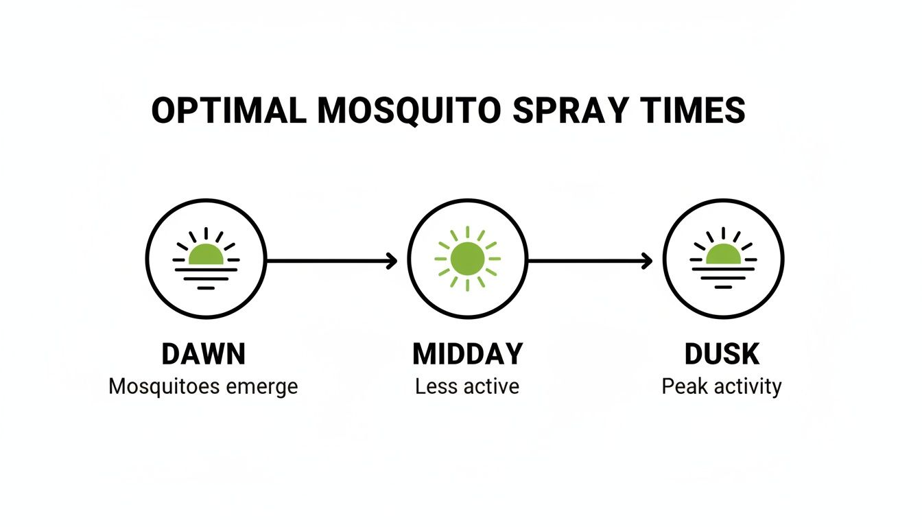 Diagram showing optimal mosquito spray times with activity levels: dawn (emerge), midday (less active), and dusk (peak activity).