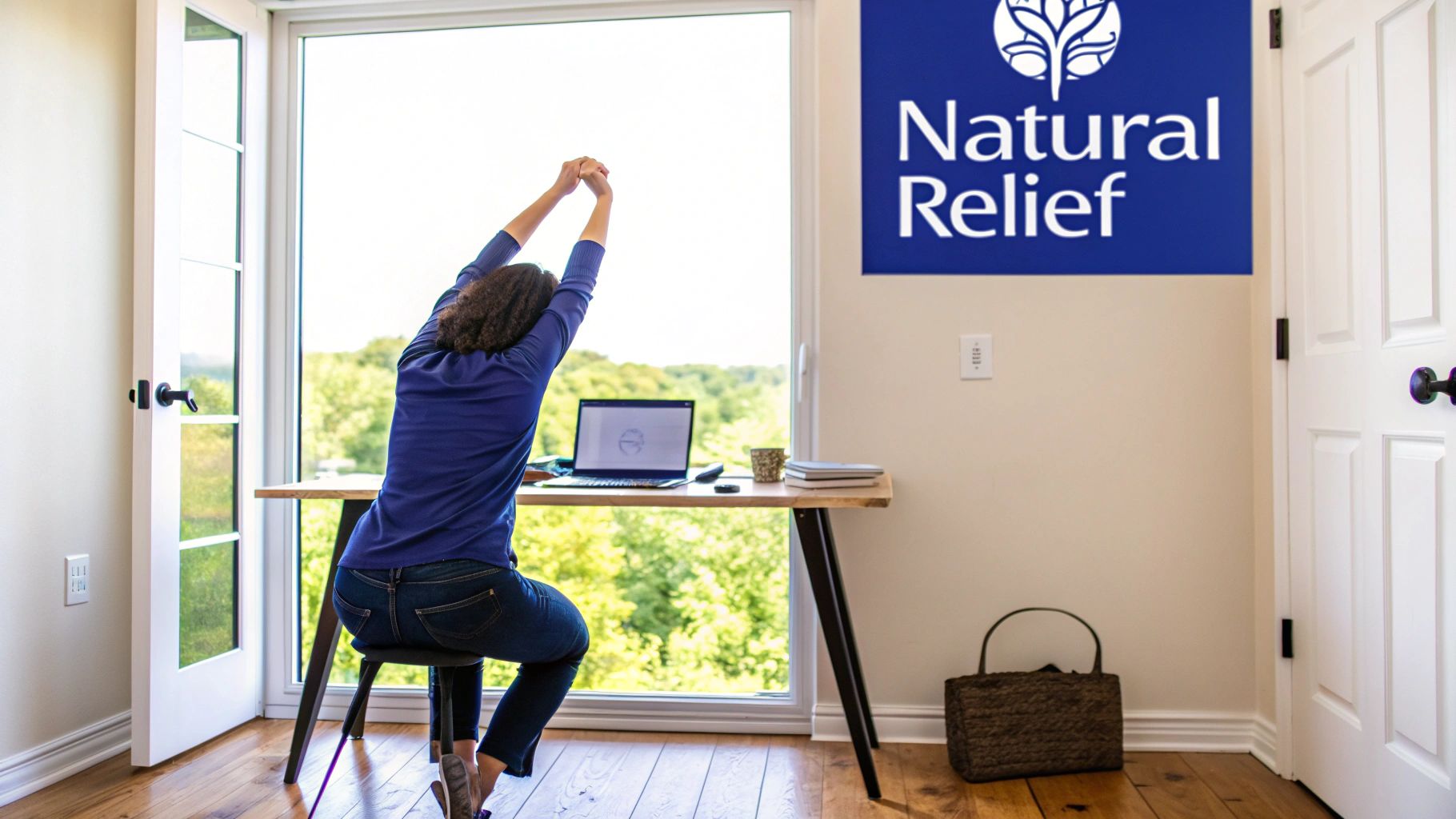 A person stretching at a desk by a window with a laptop, finding natural relief.