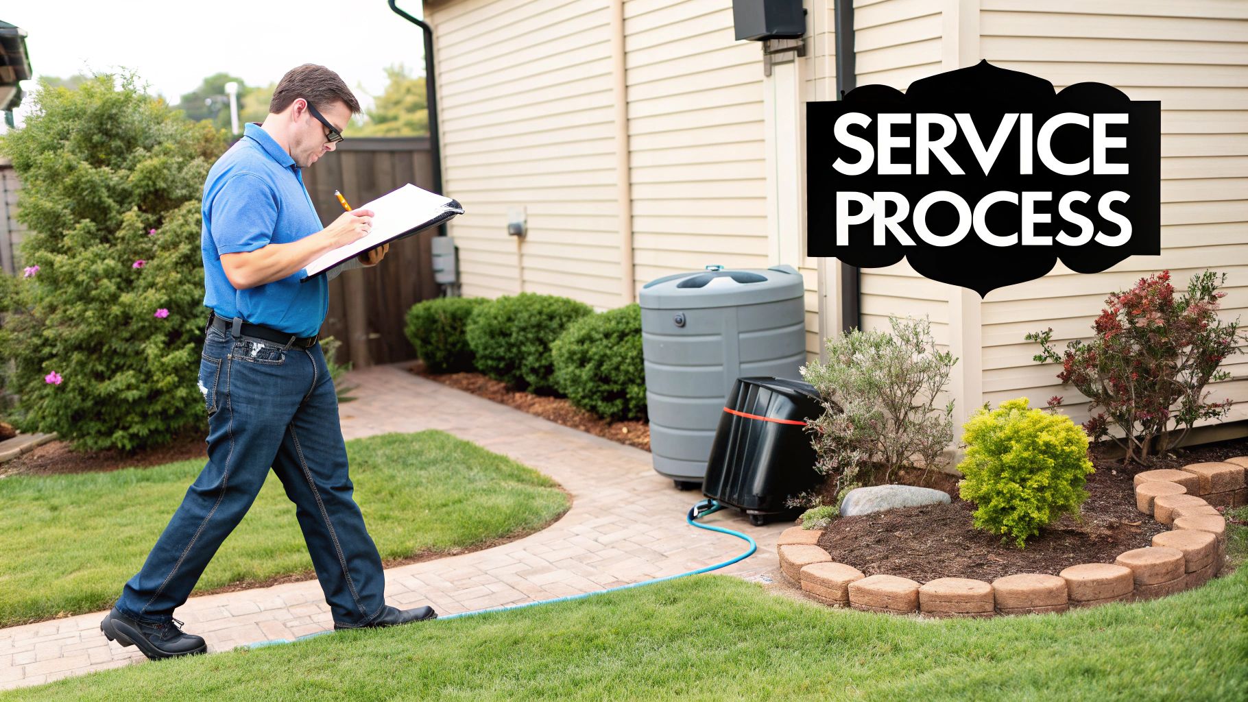 A service professional inspecting a home's exterior and taking notes on a clipboard, showing a service process.