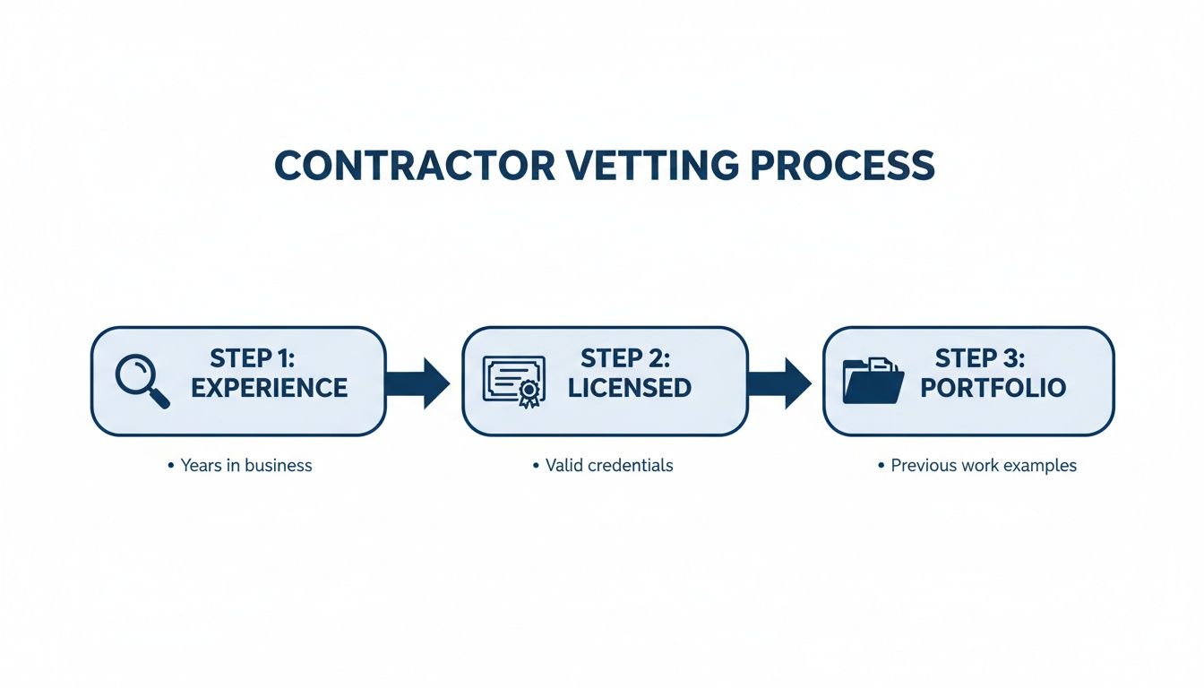 Wheeler Painting and Restoration Services | How to Choose a General Contractor in Puget Sound Infographic illustrating the 3-step contractor vetting process: experience, licensing, and portfolio examples.
