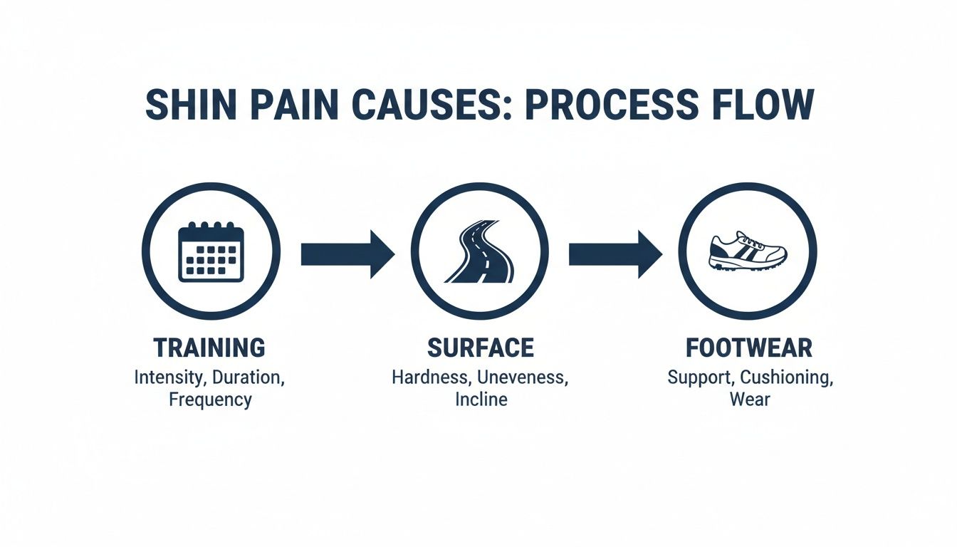 Diagram illustrating shin pain causes, showing the process flow from training, surface conditions, to footwear.
