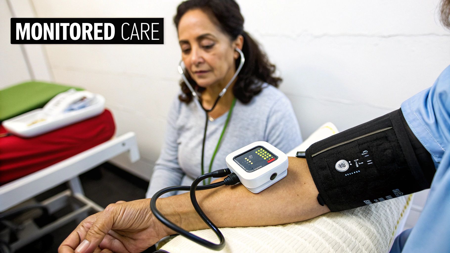 A healthcare professional uses a blood pressure cuff and digital monitor on a patient's arm during a medical check-up.