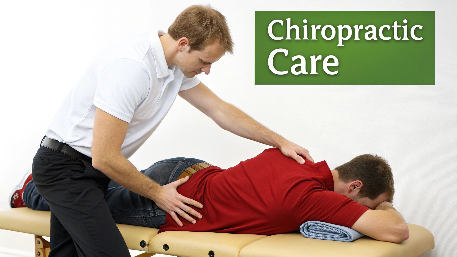 A male chiropractor adjusts the lower back of a patient lying face down on a treatment table.