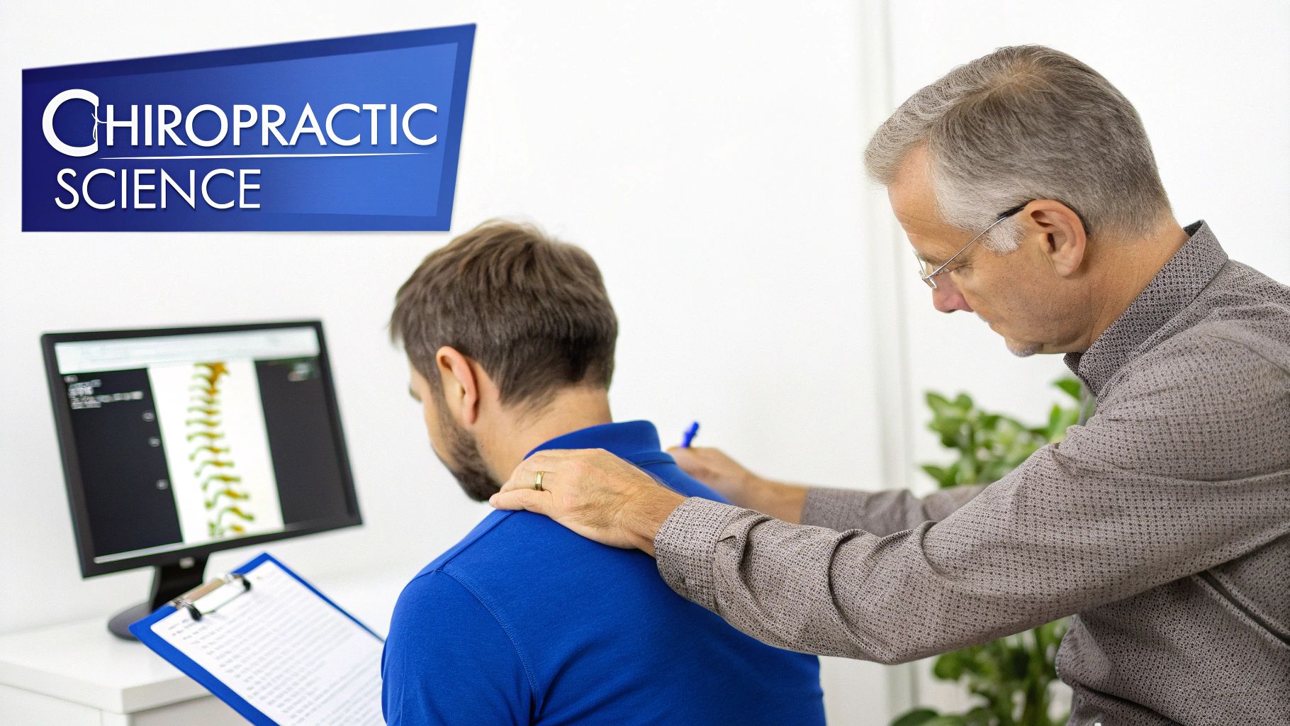 A chiropractor examines a male patient's back while looking at a spinal scan on a monitor.