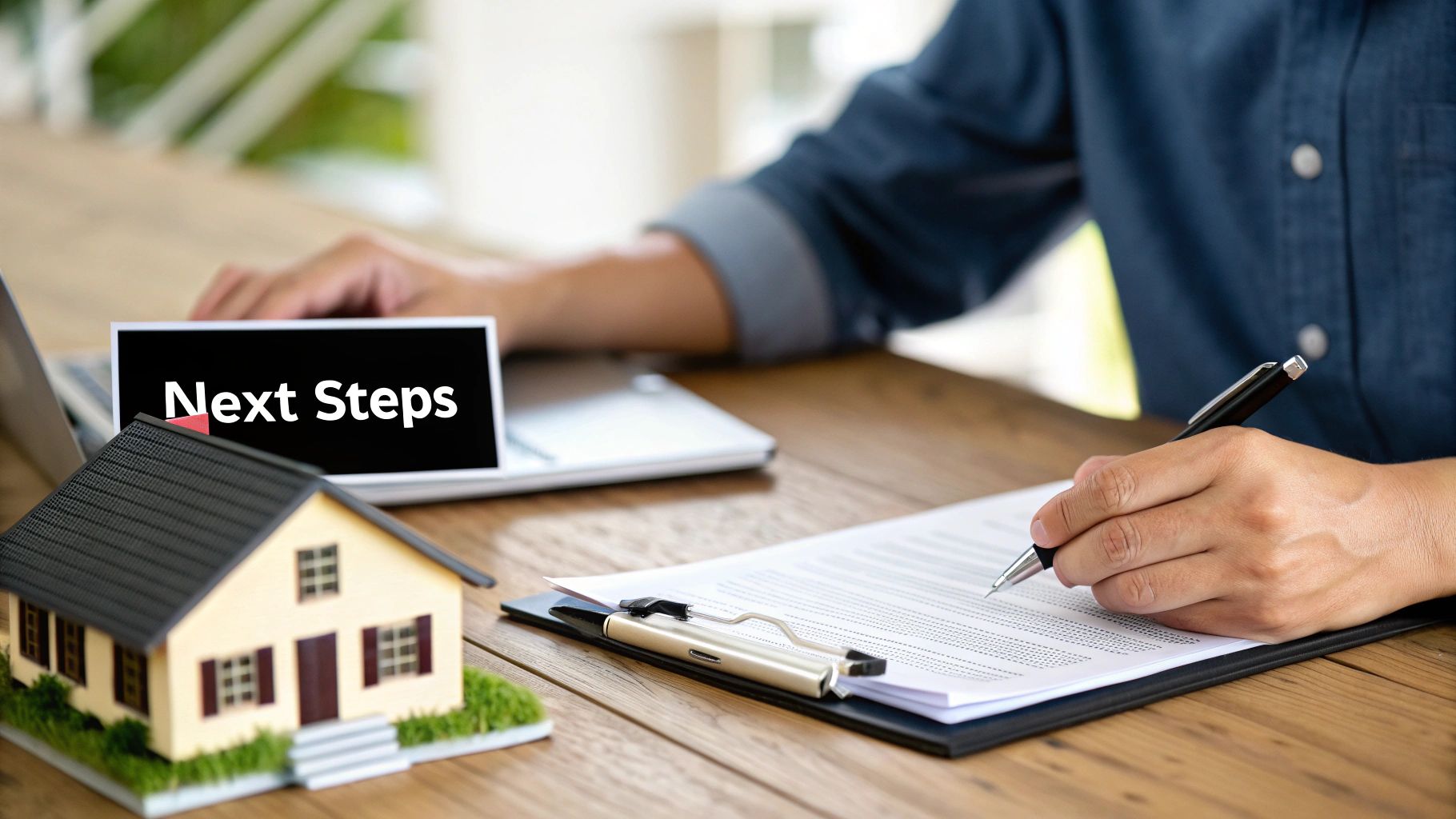 A person signs real estate documents at a wooden desk with a model house and a laptop displaying 'Next Steps'.