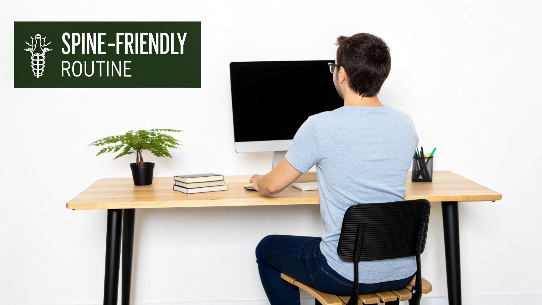 Rear view of a person at a desk with a computer, plant, and books, highlighting a spine-friendly routine.