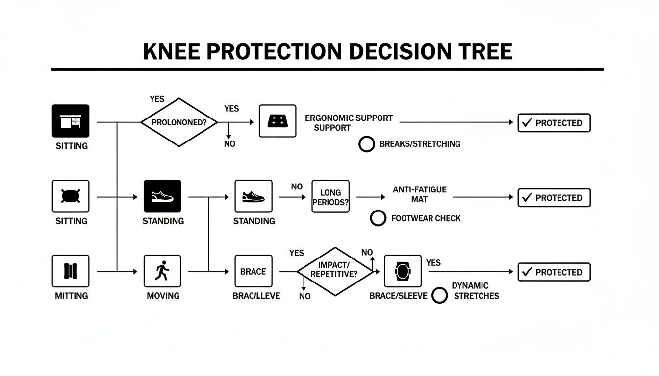 A knee protection decision tree outlining measures for sitting, standing, and moving activities.