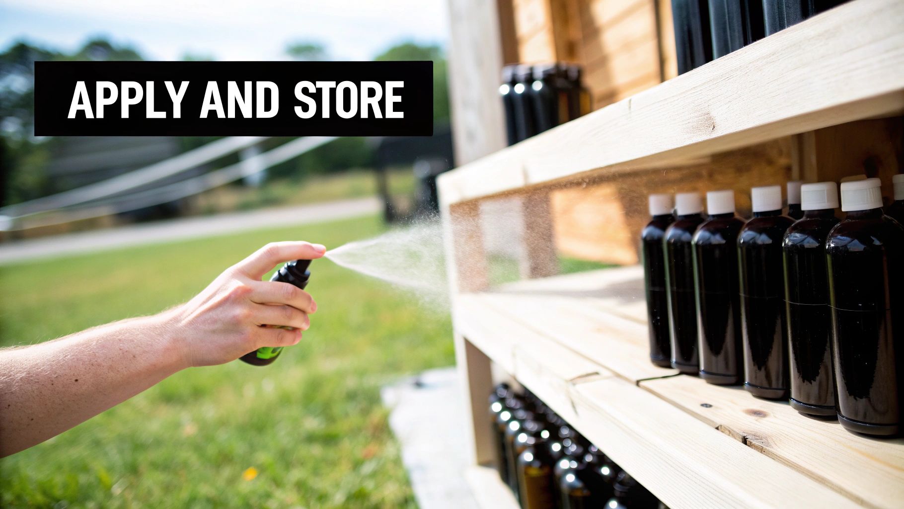 A hand sprays a mist from a black bottle, with more dark bottles stored on wooden shelves outdoors.