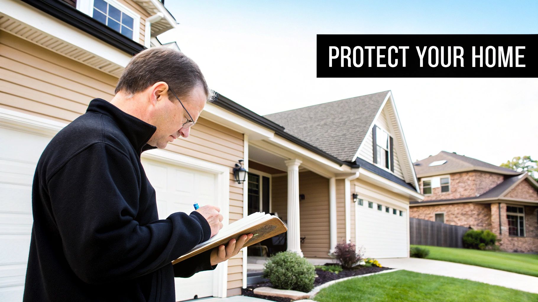 A man in glasses inspects a beige suburban house, writing notes on a clipboard, with text 'PROTECT YOUR HOME'.