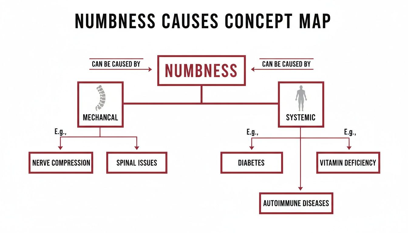 A concept map illustrating the causes of numbness, categorized into mechanical and systemic factors with examples.
