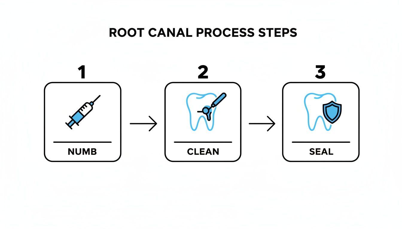 Infographic detailing the three steps of a root canal procedure: numb, clean, and seal.