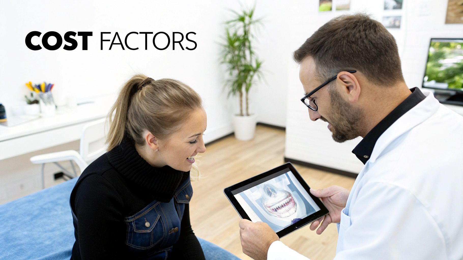 A smiling patient views a 3D dental model on a tablet with a dentist, discussing cost factors.