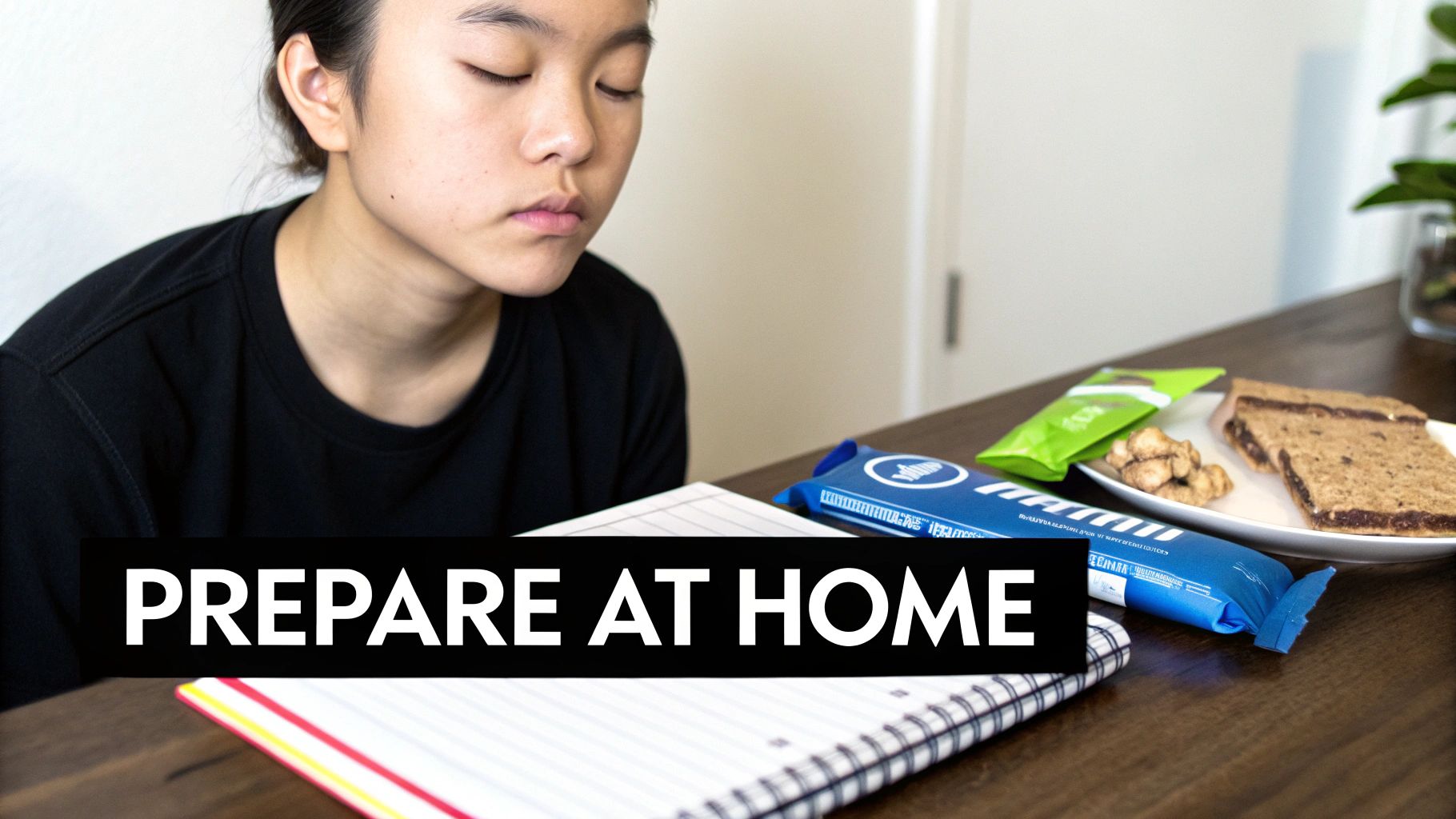 A young person with closed eyes sits next to a notebook and snacks on a wooden table.