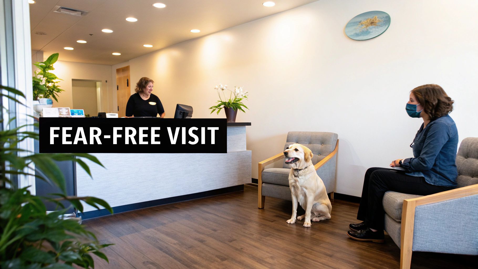 A friendly veterinary clinic reception with a calm dog, masked client, and a welcoming receptionist.