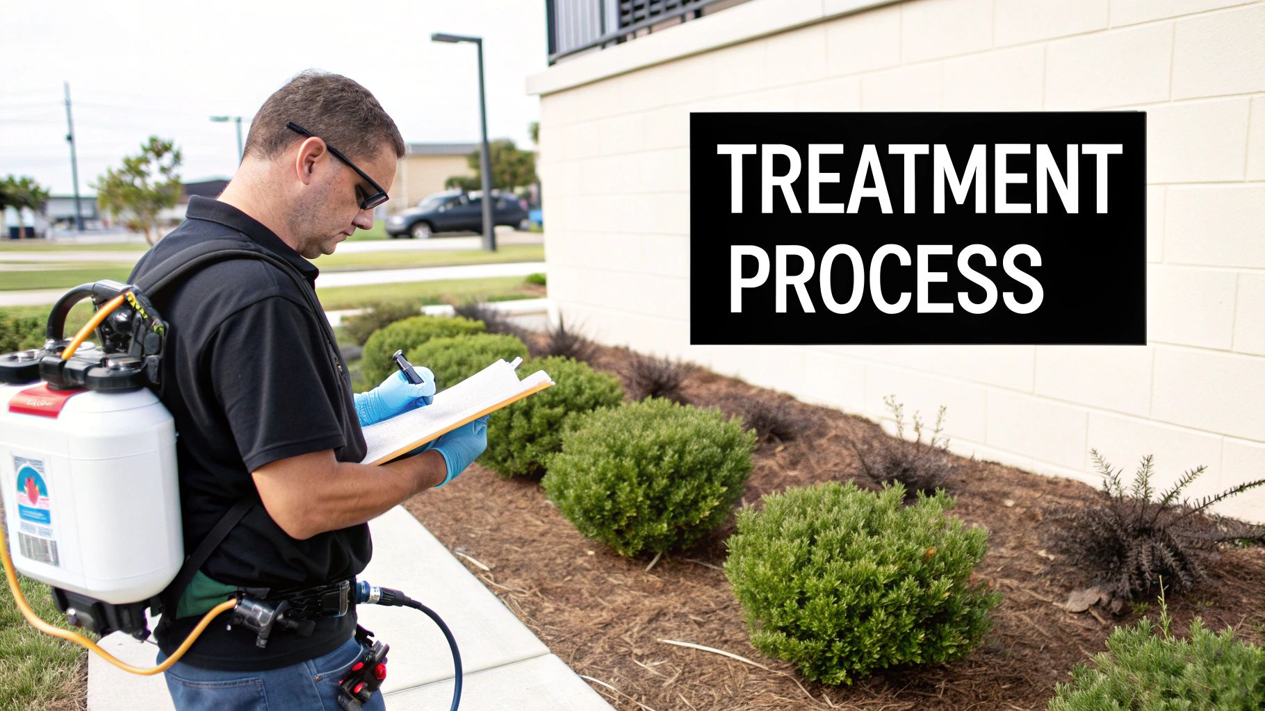 Pest control professional in gloves and a sprayer backpack documenting information near a building with a 'TREATMENT PROCESS' sign.