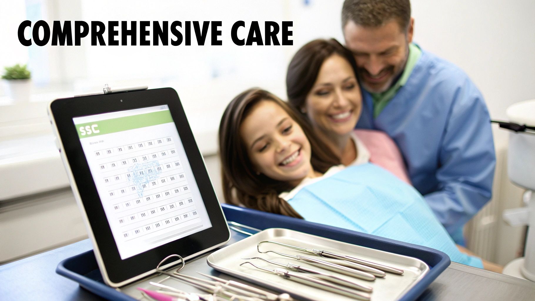 A smiling dentist, mother, and daughter in a dental office with tools and a tablet.
