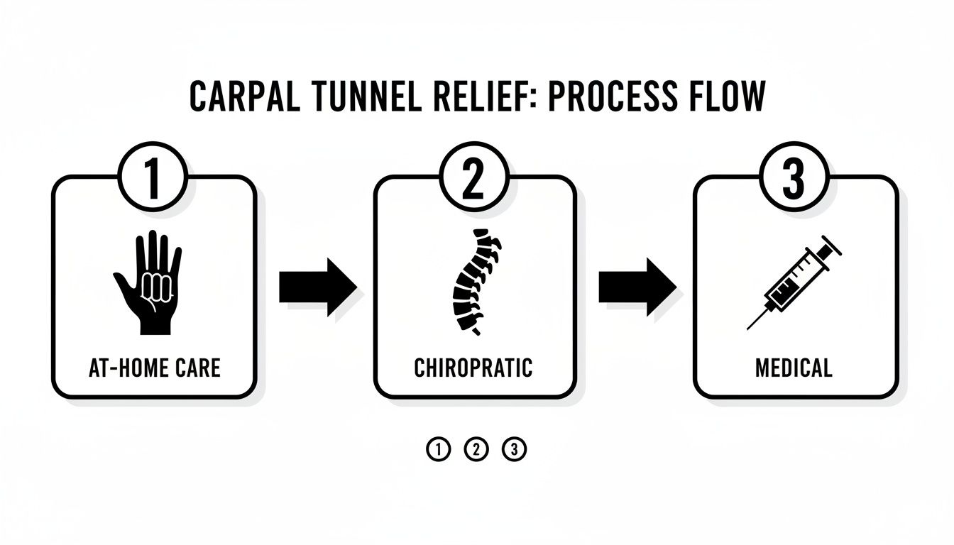 A three-step process flow for carpal tunnel relief showing at-home care, chiropractic, and medical options.