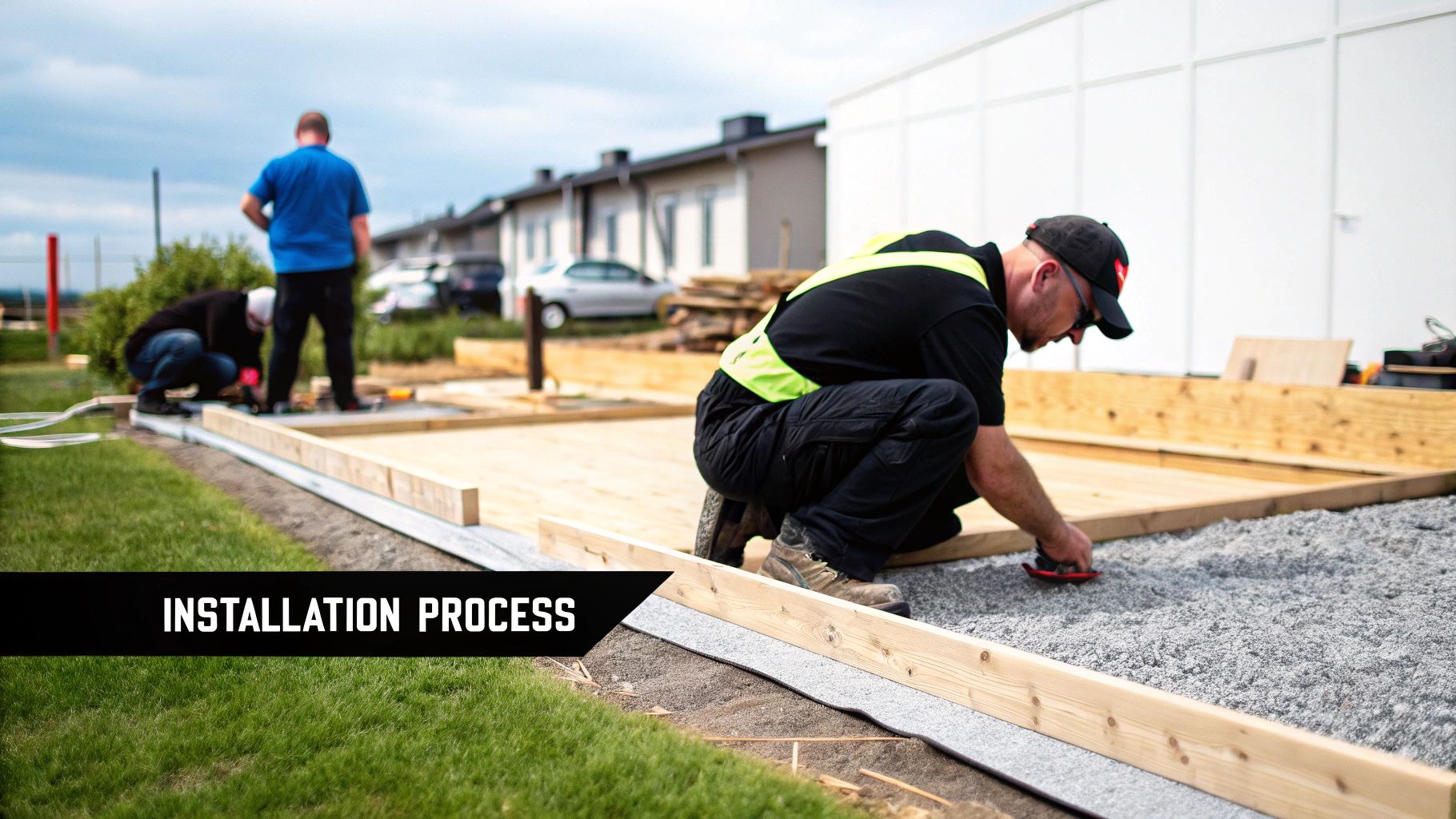 Construction crew installing a wooden foundation system on a gravel bed, demonstrating the building process.