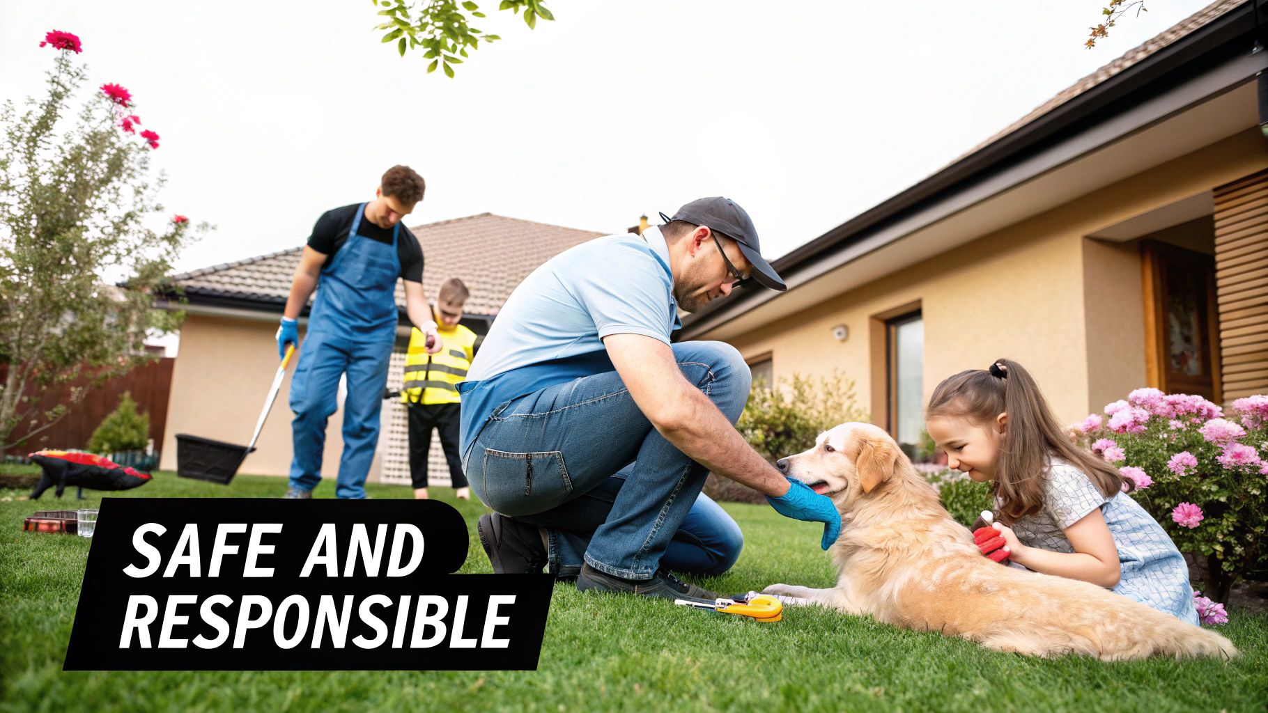A family safely cares for a golden retriever in their backyard, emphasizing responsible pet and yard maintenance.