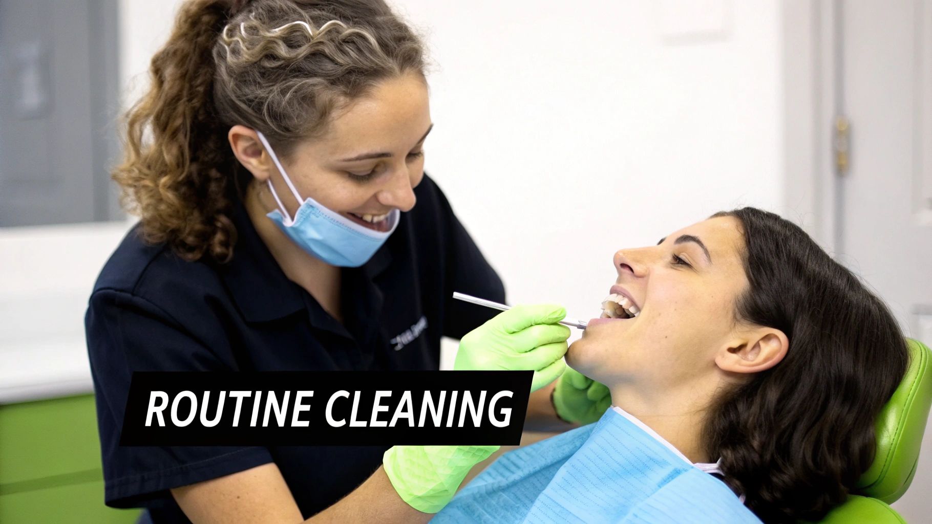 A dentist wearing a mask and gloves smiles while performing a routine teeth cleaning on a patient.