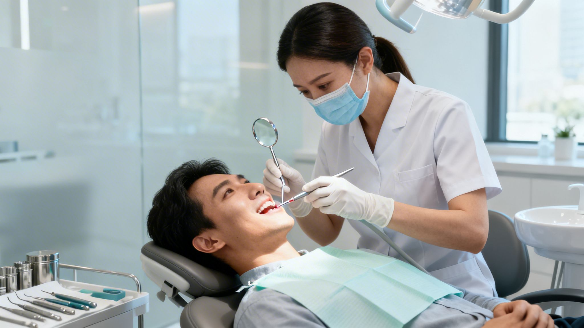 Female dentist in a mask and gloves examining a male patient's teeth during a check-up.