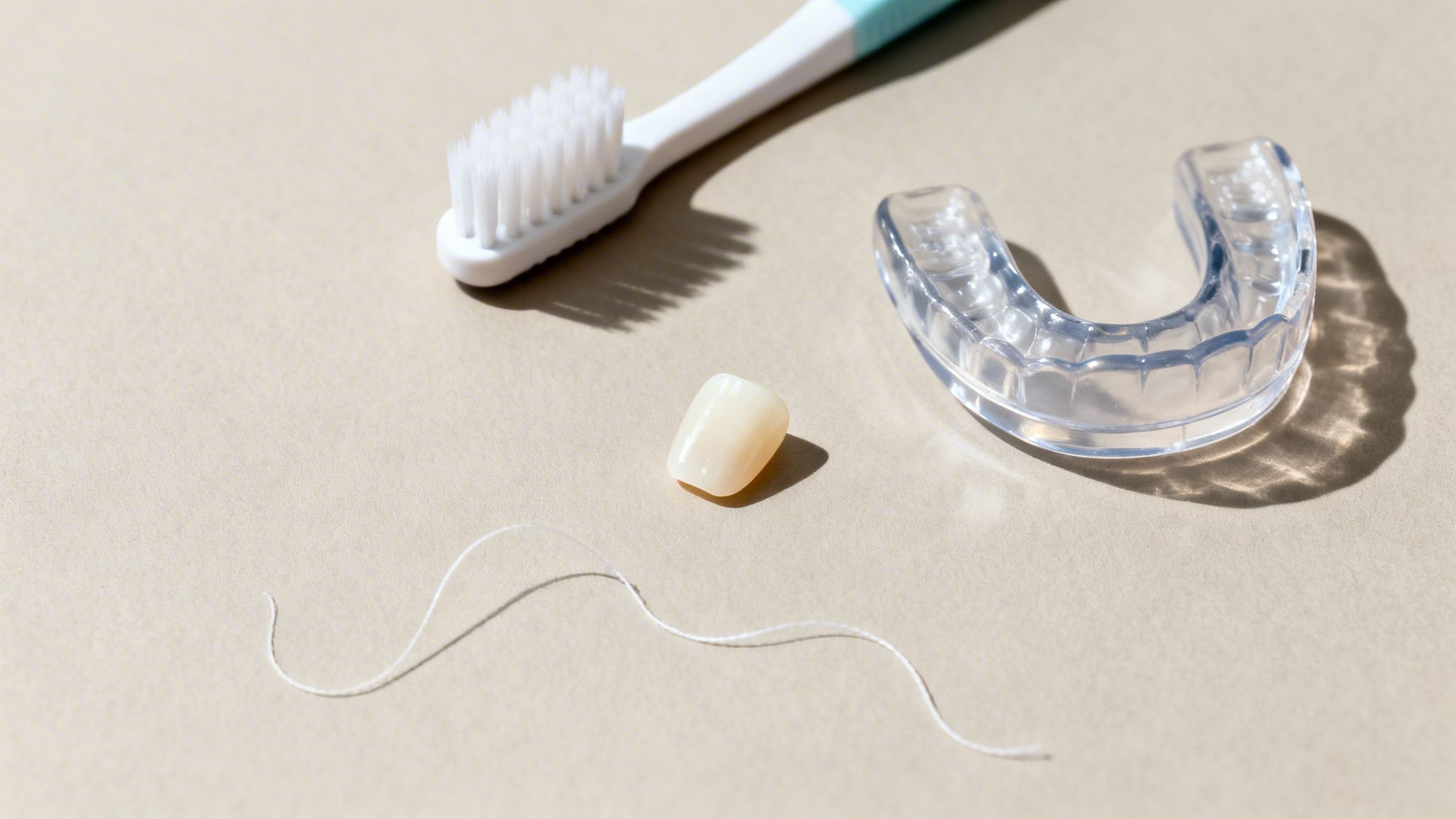 Charles E. Boren | How Long Do Veneers Last? A Cosmetic Dentist in Bellaire, TX Explains A toothbrush, dental floss, clear dental night guard, and a dental crown on a beige surface.