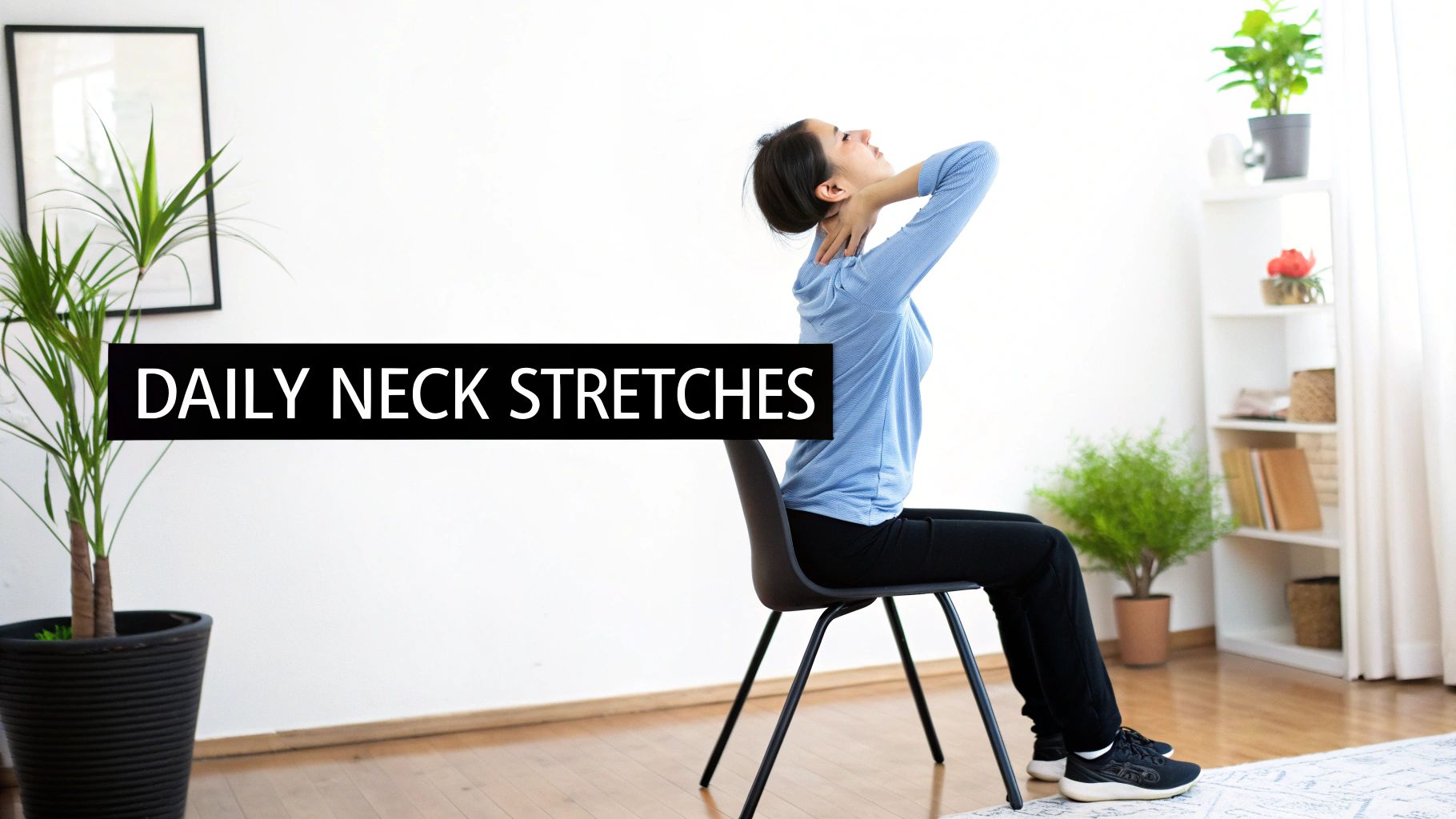 A woman performing daily neck stretches while seated on a chair in a brightly lit room.