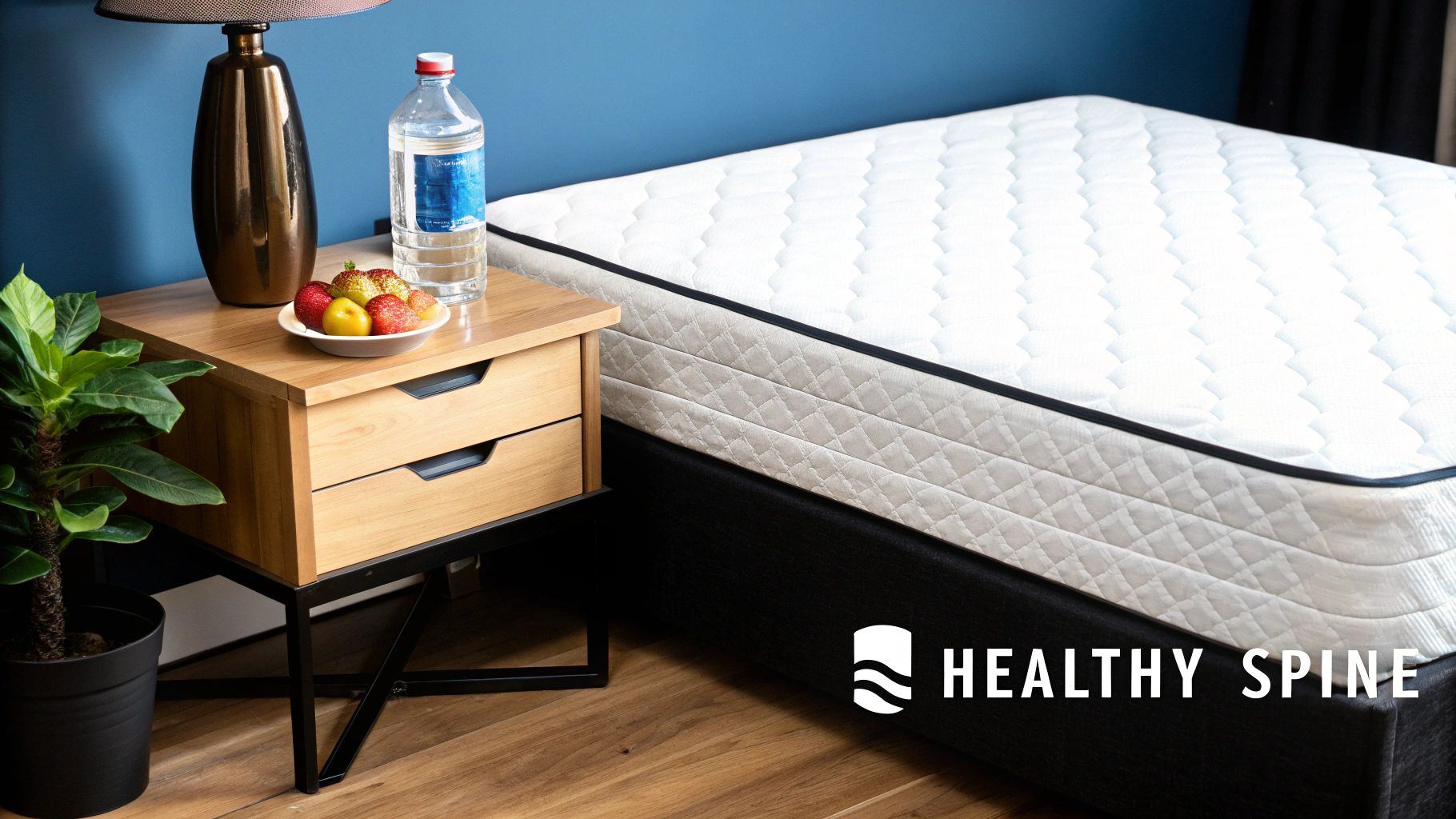 Hershey Family Chiropractic | Chiropractor in Hershey, PA for Natural Lower Back Pain Relief A comfortable white mattress in a bedroom, with a nightstand, lamp, water, and fruit.