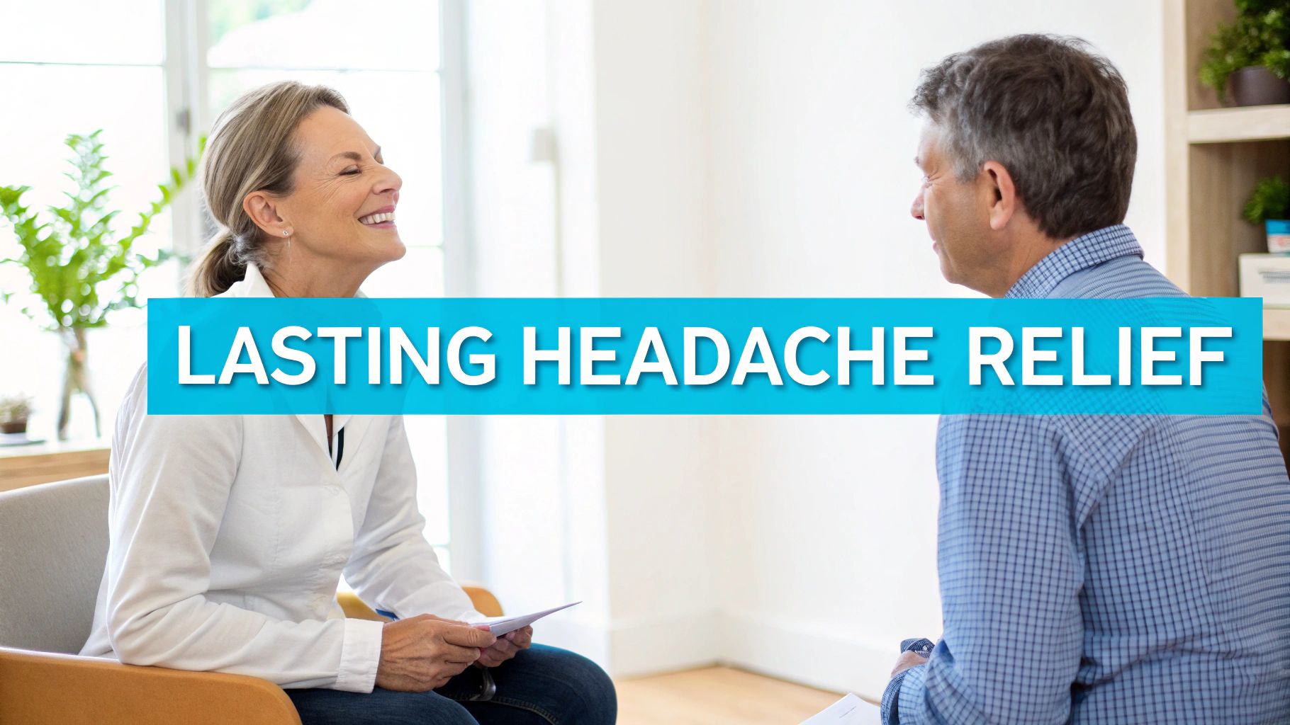 A smiling woman talks with a man, conveying relief and discussing lasting headache solutions.