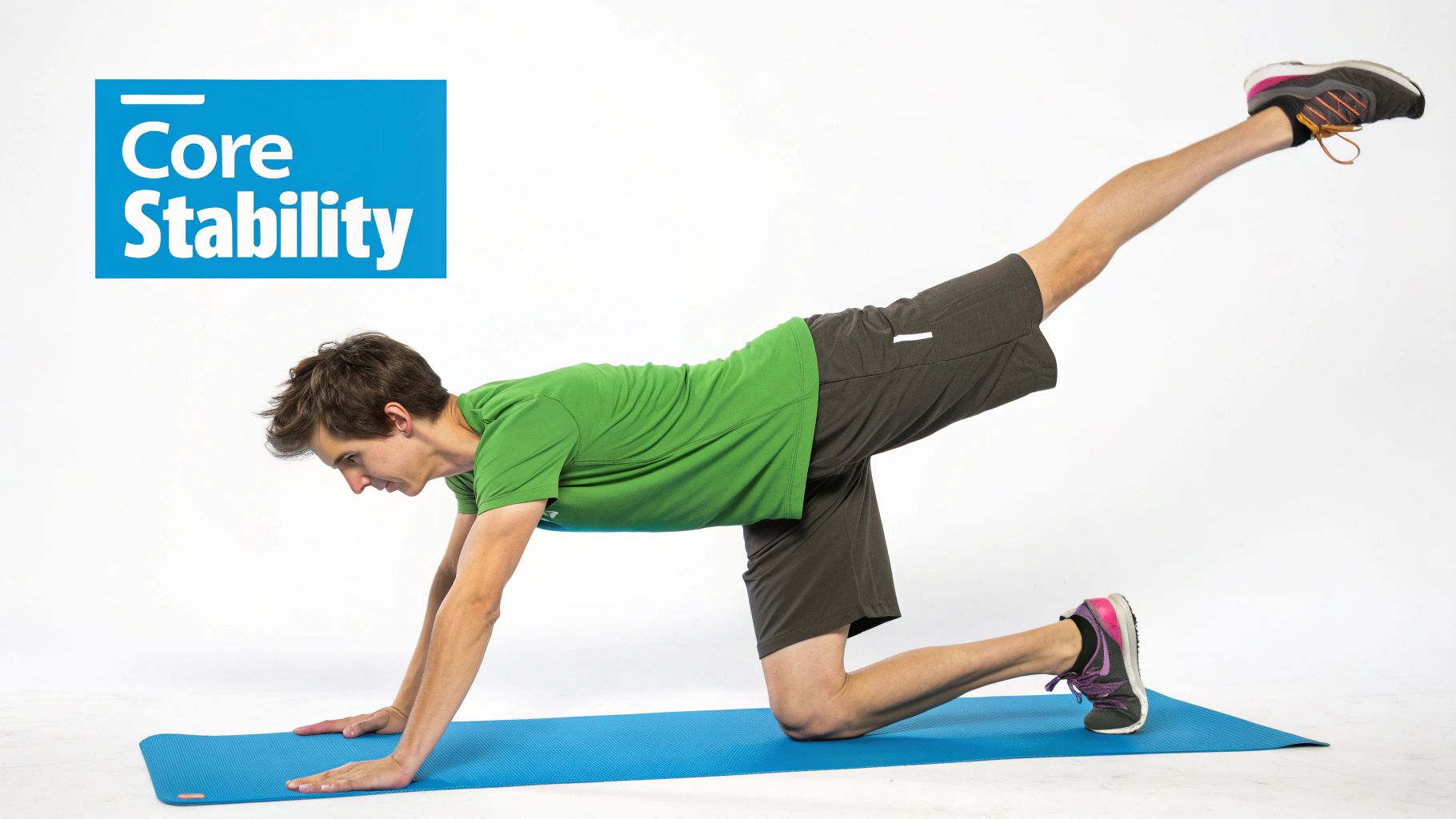 A man on a blue mat performs a bird-dog exercise, lifting one leg and the opposite arm, demonstrating core stability.