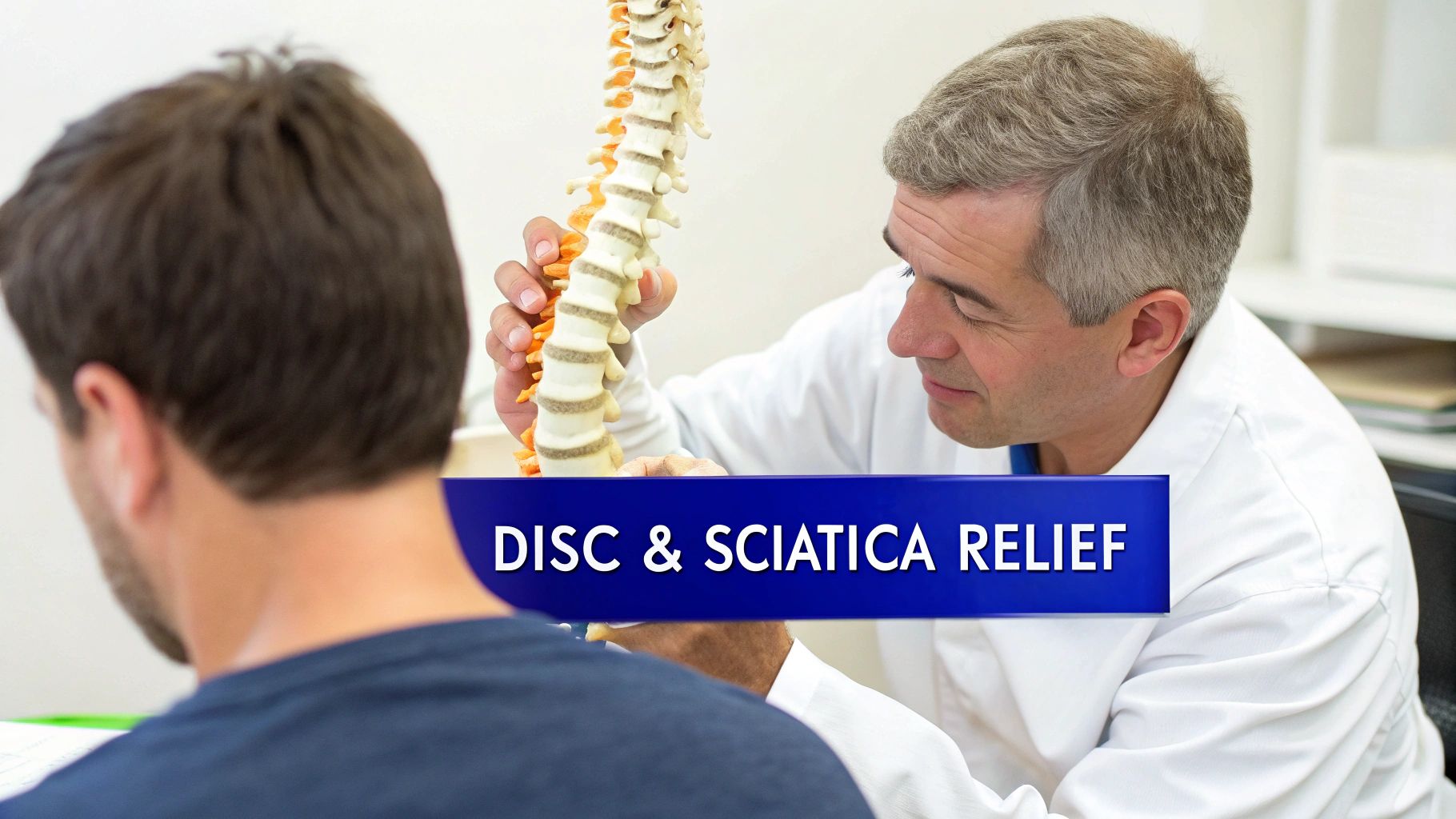 A doctor explains a spinal model to a patient, with 'DISC & SCIATICA RELIEF' text overlay.