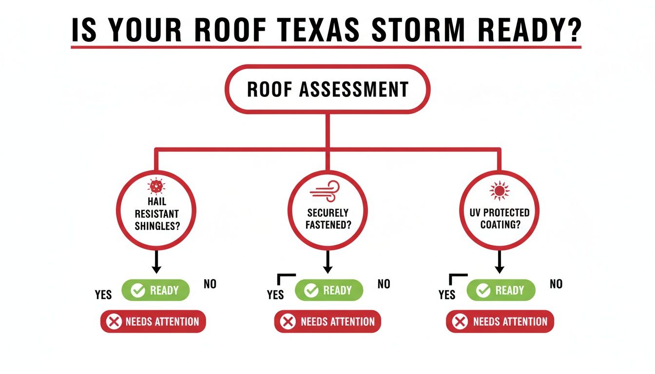 A flowchart assessing if a roof is Texas storm ready, checking for hail resistance, secure fastening, and UV protection.